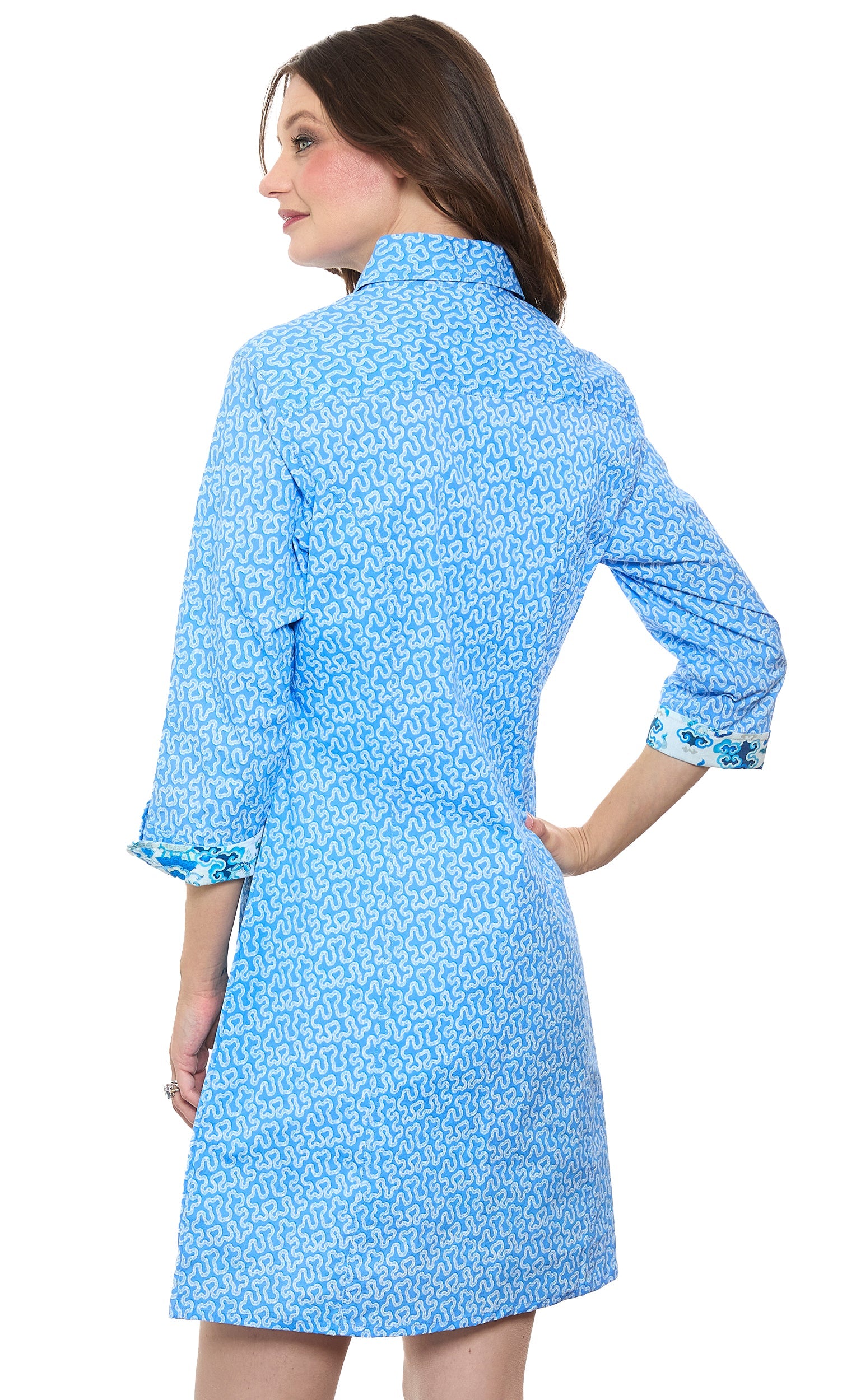 Dizzy-Lizzie Sag Harbor shirtdress in blue coral print, lightweight dress with button front and collar, perfect for casual wear.