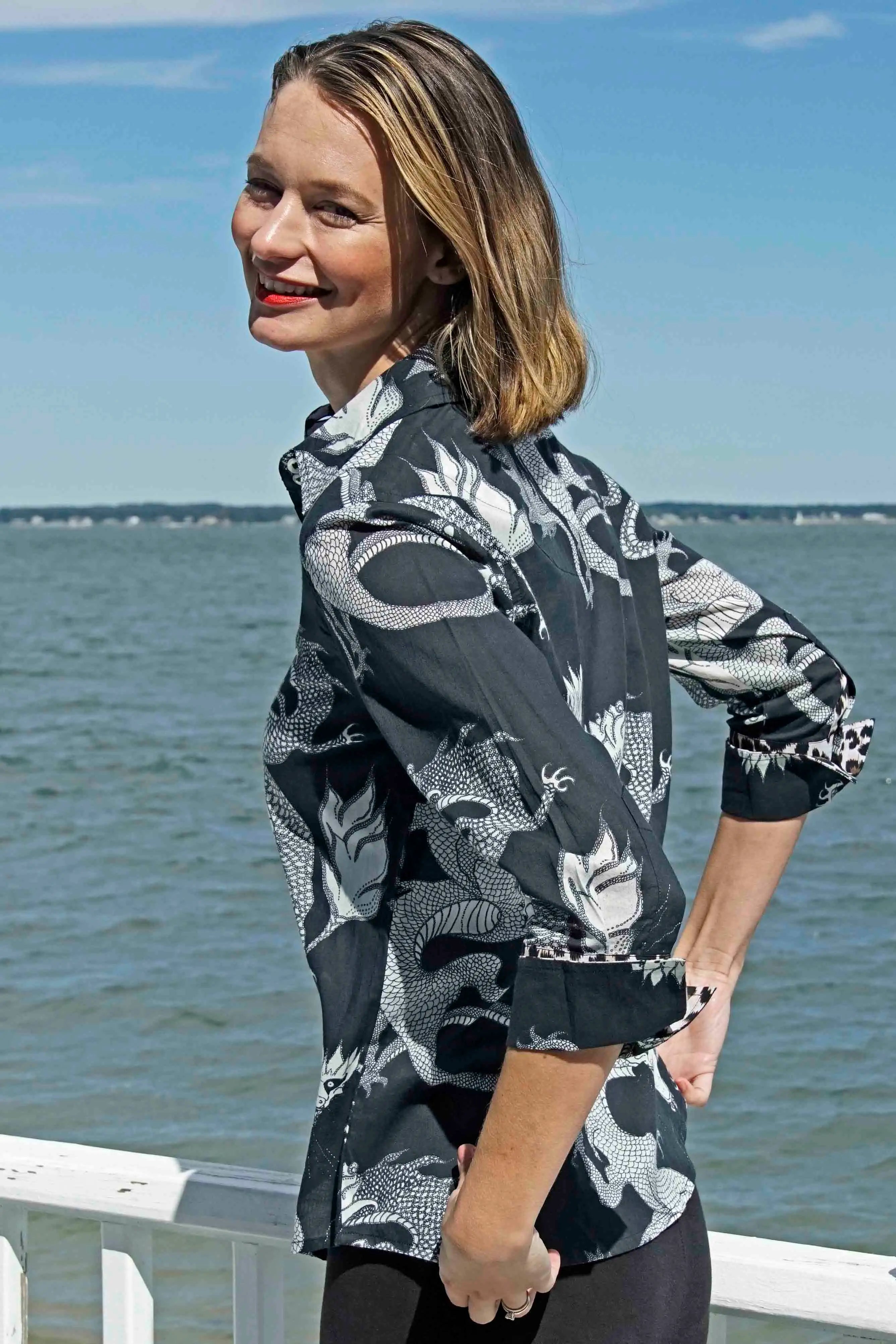 Dizzy-Lizzie 3/4 sleeve Rome shirt with black and white dragon pattern on lightweight voile fabric