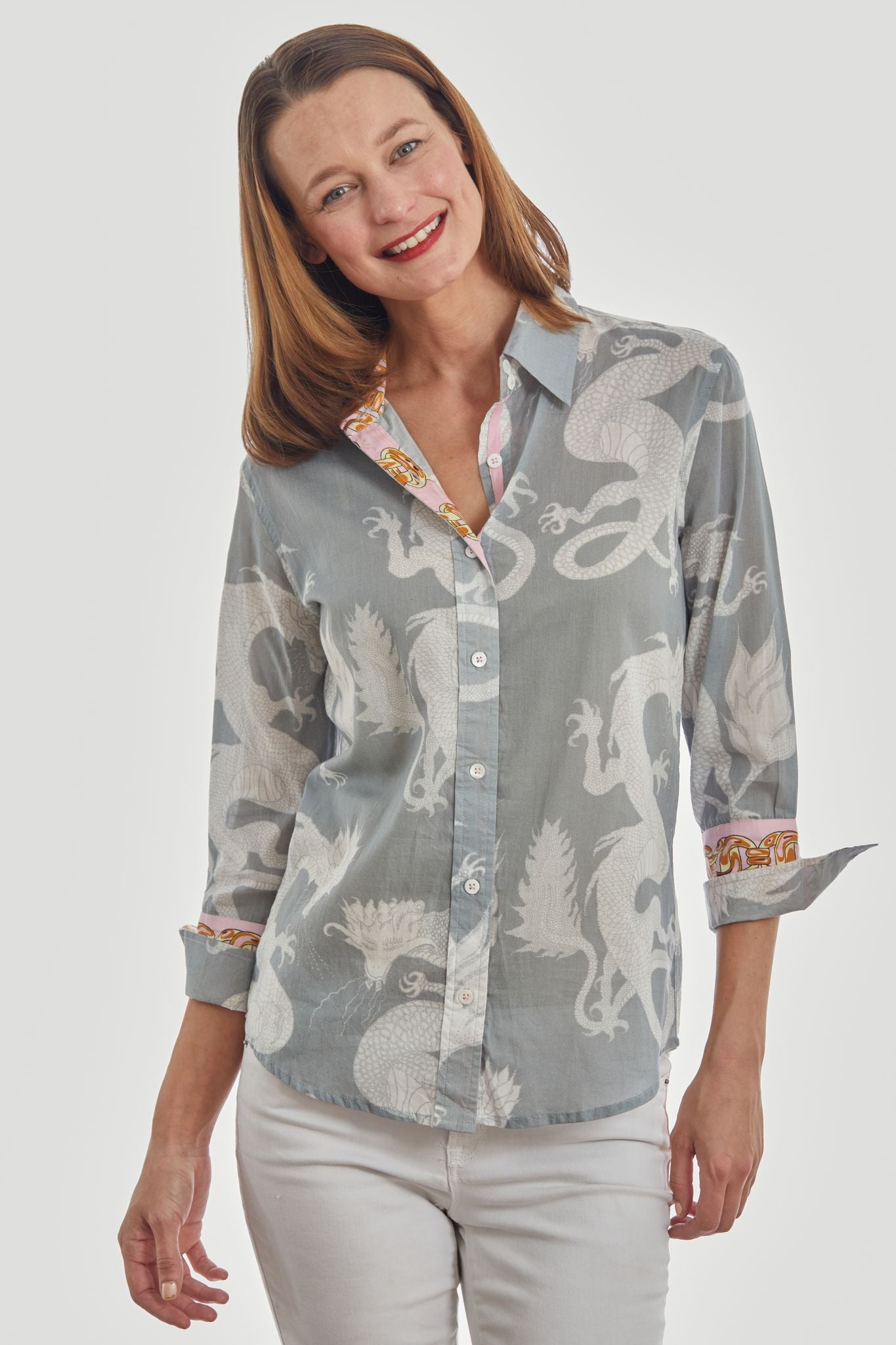 Grey 3/4 sleeve Rome shirt with dragon print by Dizzy-Lizzie, featuring lightweight voile fabric and relaxed fit.