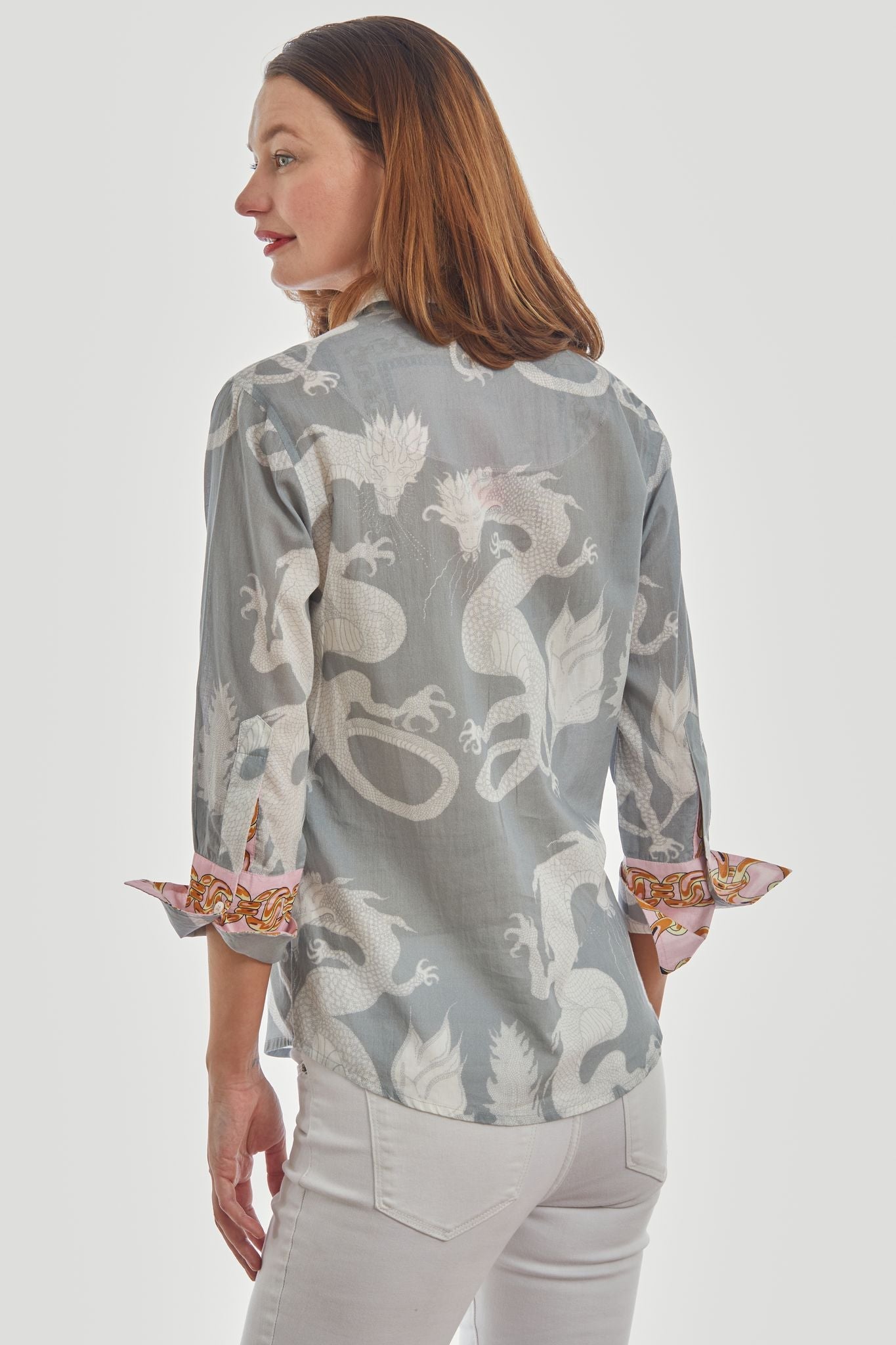 Gray 3/4 sleeve Rome shirt by Dizzy-Lizzie featuring a dragon print and lightweight voile fabric.