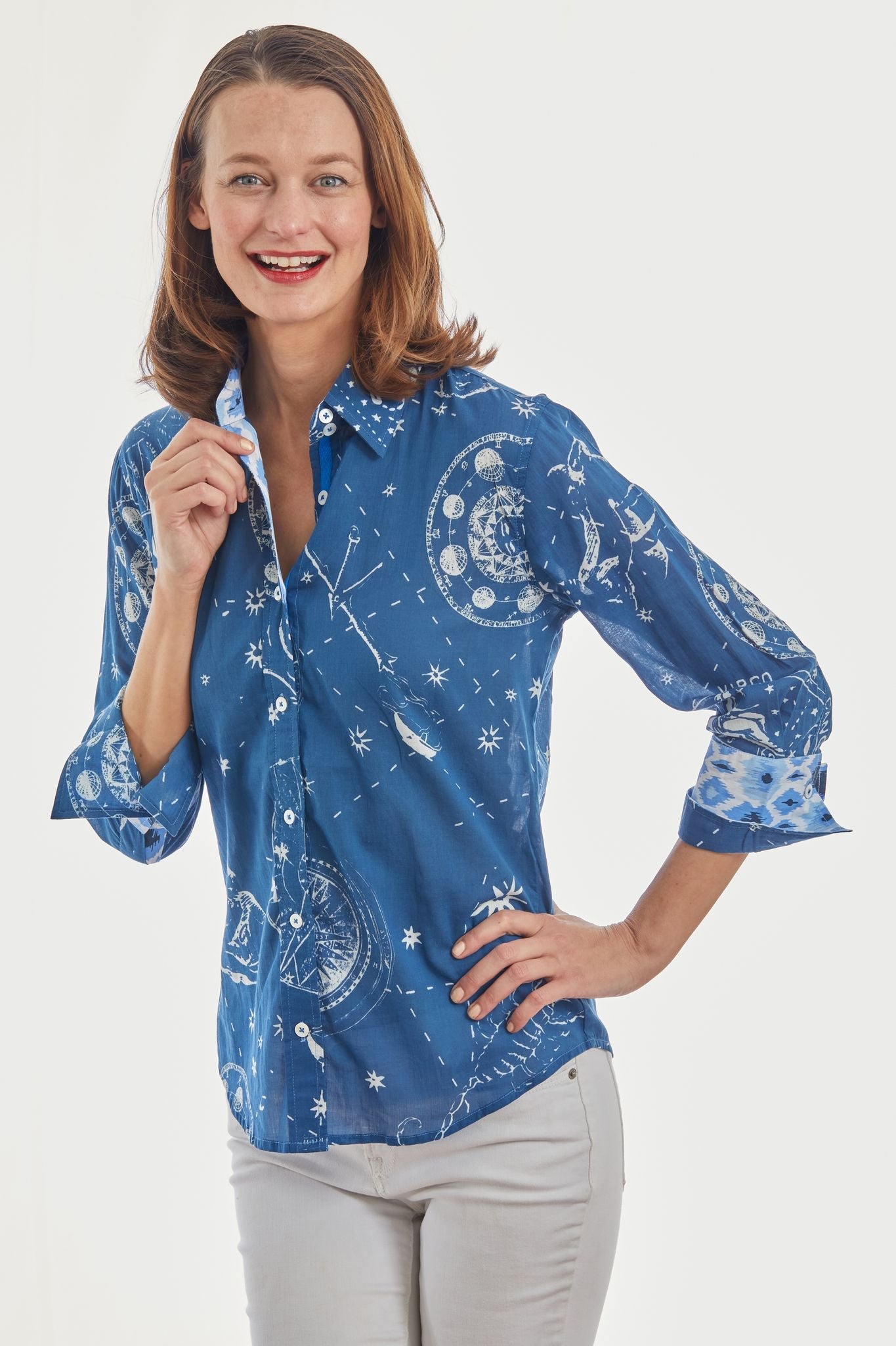 Navy 3/4 sleeve Rome shirt by Dizzy-Lizzie featuring constellation print, casual comfortable shirt for everyday wear.