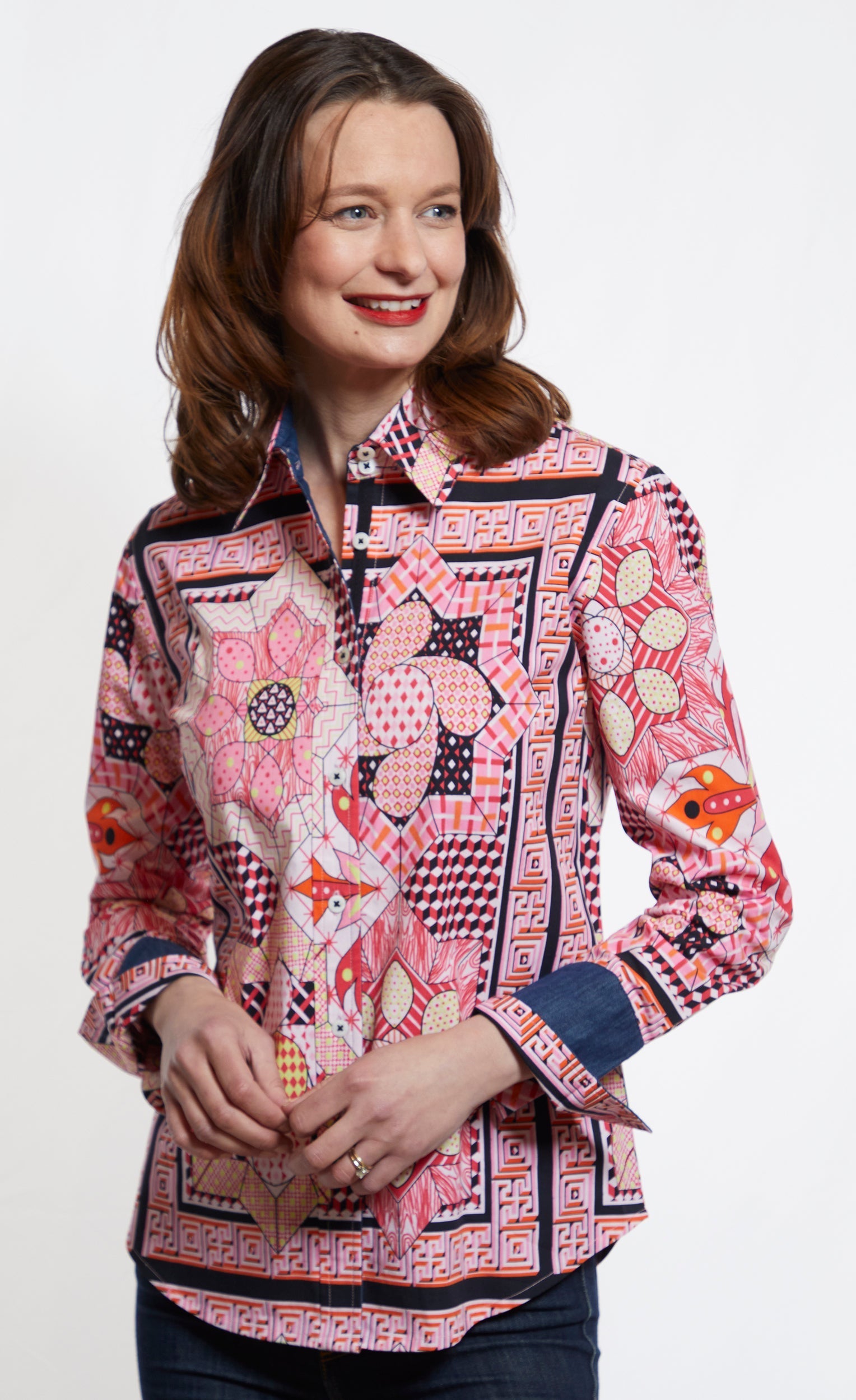 Pink and black maze print shirt by Dizzy-Lizzie featuring a stylish, casual design with a classic collar and button front.