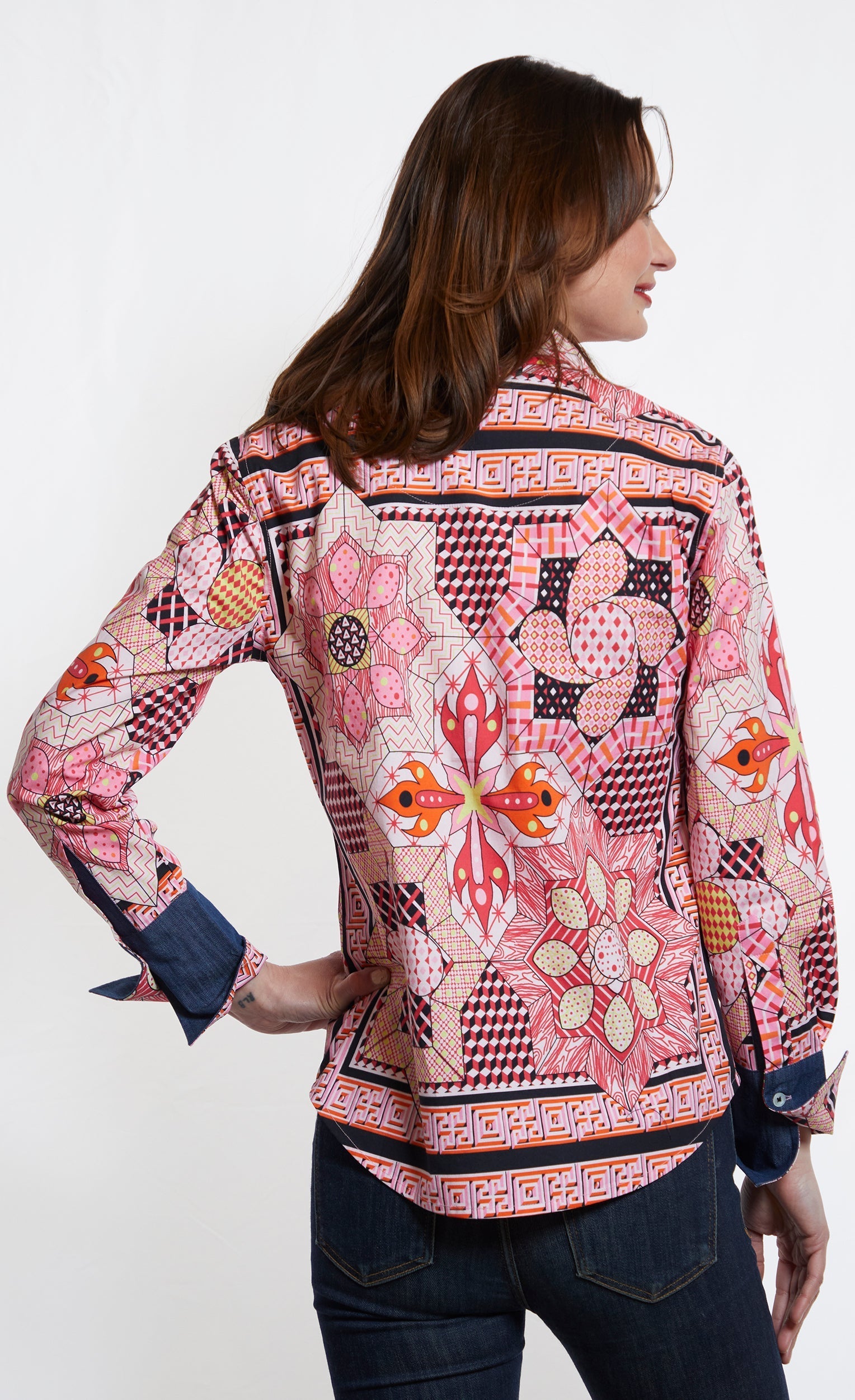 Pink and black maze print Rome shirt by Dizzy-Lizzie, featuring a stylish button-up design and long sleeves.