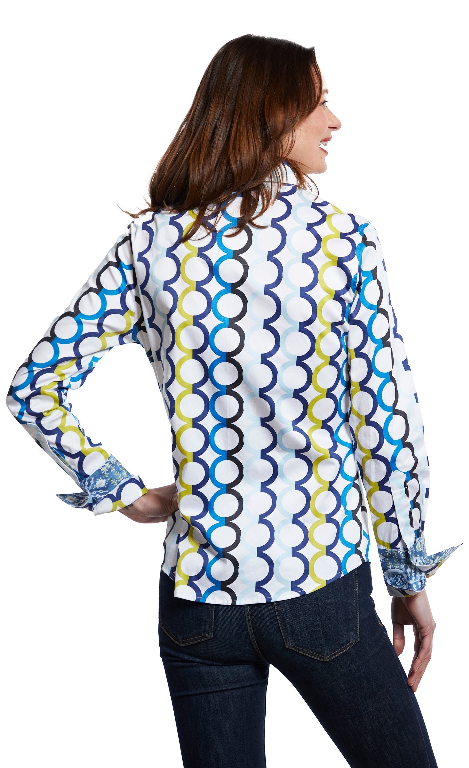 Blue Rome shirt by Dizzy-Lizzie featuring Olympic rings design on white fabric, casual style, front view.