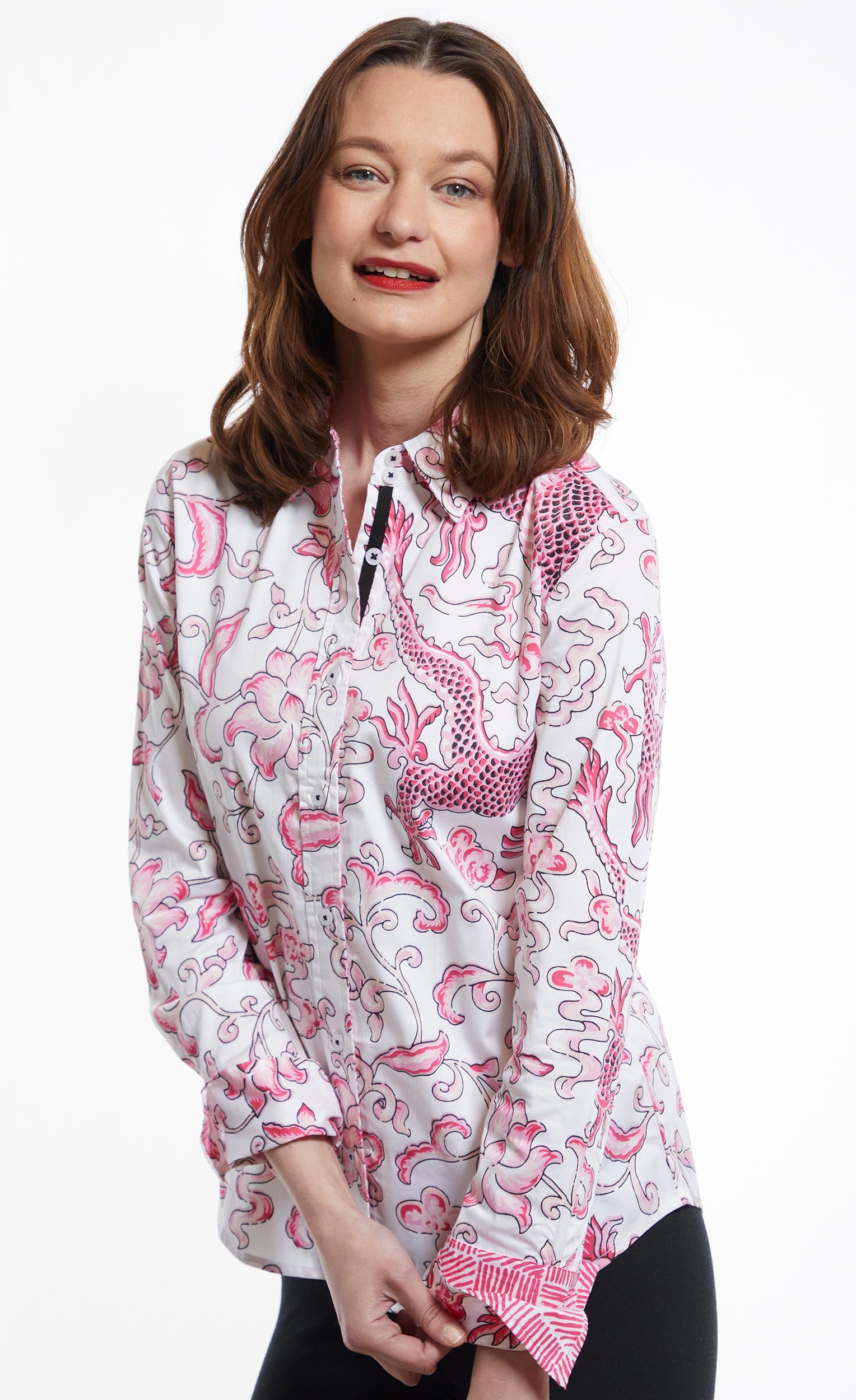 Dizzy-Lizzie Rome shirt featuring pink dragon print, casual button-up shirt with long sleeves and vibrant design.