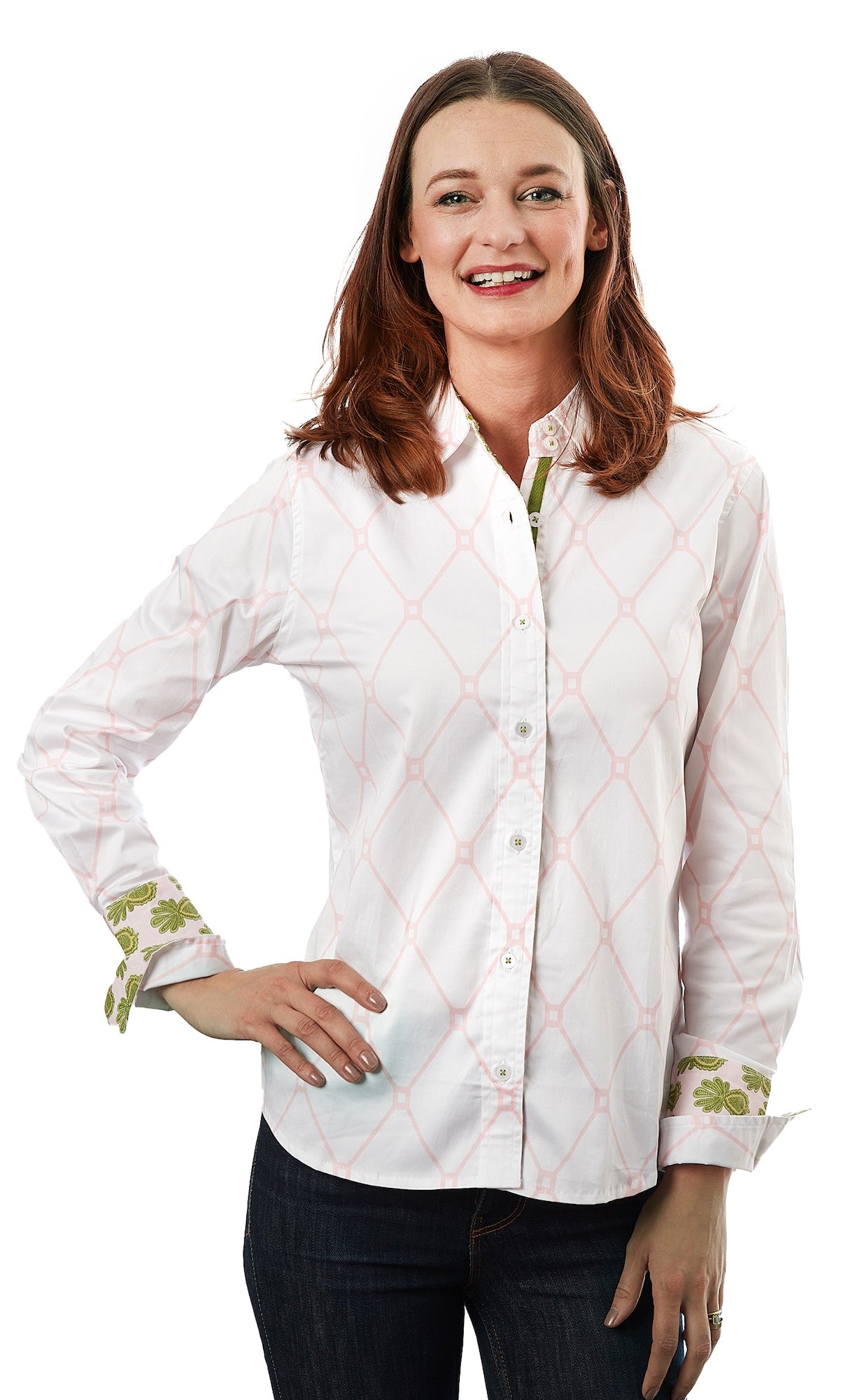 Dizzy-Lizzie Rome shirt in pink and white with geometric V pattern, featuring a stylish casual design.