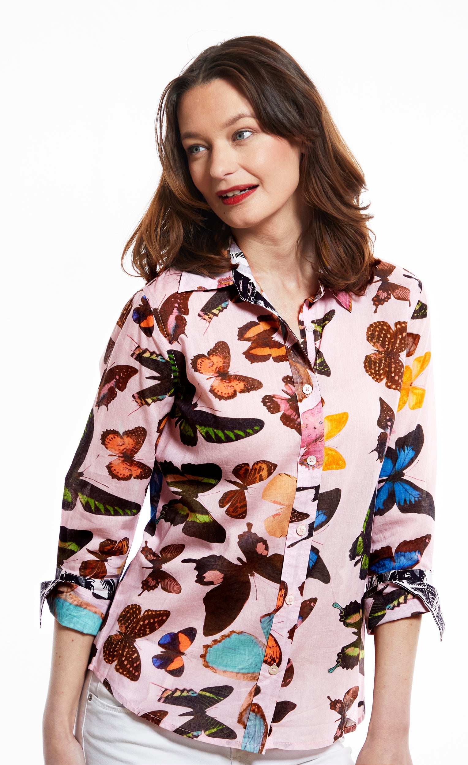 Dizzy-Lizzie Rome shirt with 3/4 sleeves featuring pink butterfly print on lightweight fabric.
