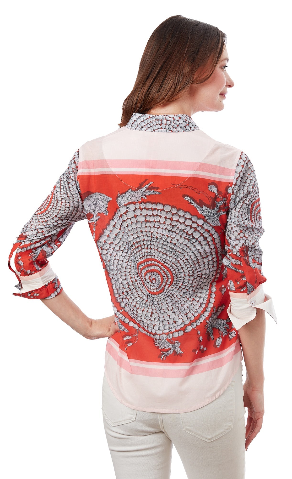 Dizzy-Lizzie Rome 3/4 sleeve coral print shirt with floral pattern, lightweight and casual for spring and summer wear.