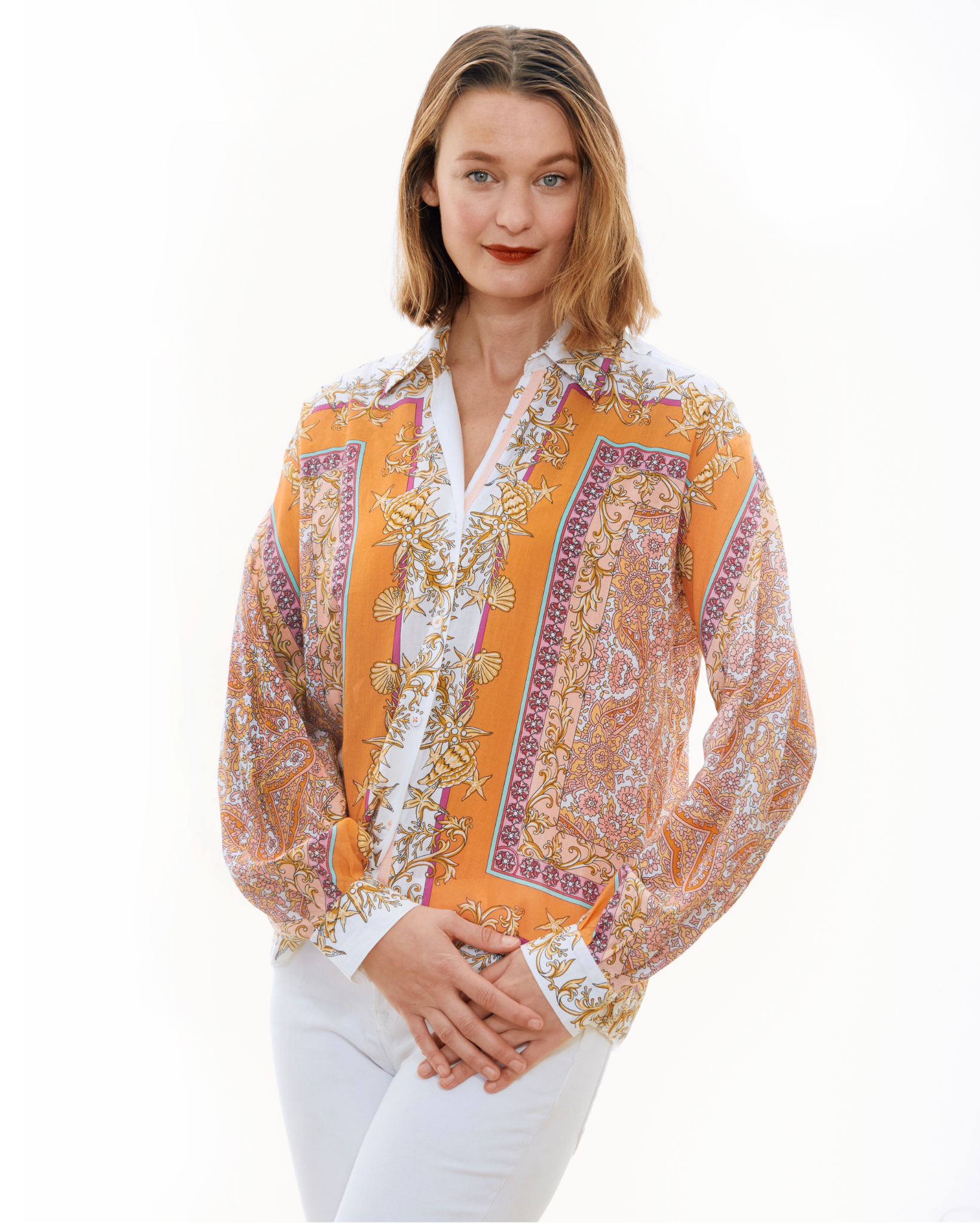 Dizzy-Lizzie Buckhead Boxy Top shirt with engineered print, featuring a modern, geometric design in vibrant colors.