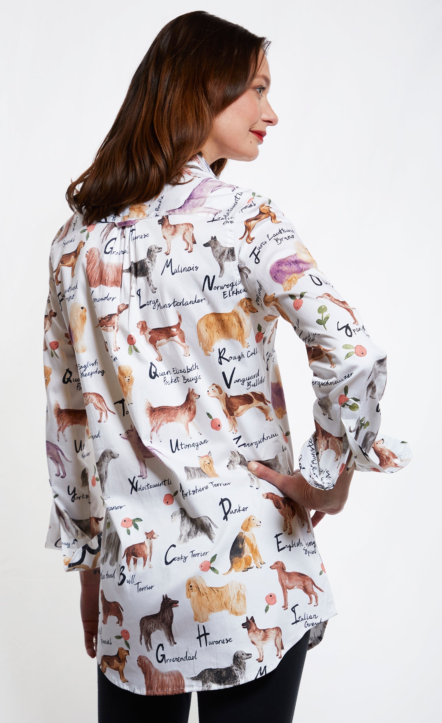 Dizzy-Lizzie Jackson Hole Tunic Boyfriend Shirt featuring dog images and their pedigree names on soft fabric.