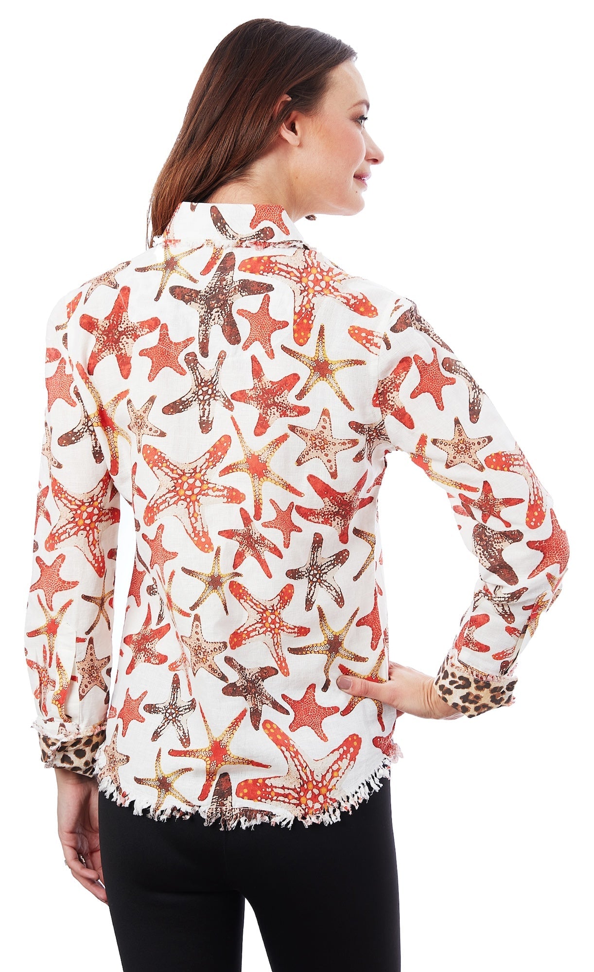 Dizzy-Lizzie Cape Cod starfish print shirt featuring a casual design with starfish patterns on lightweight fabric.