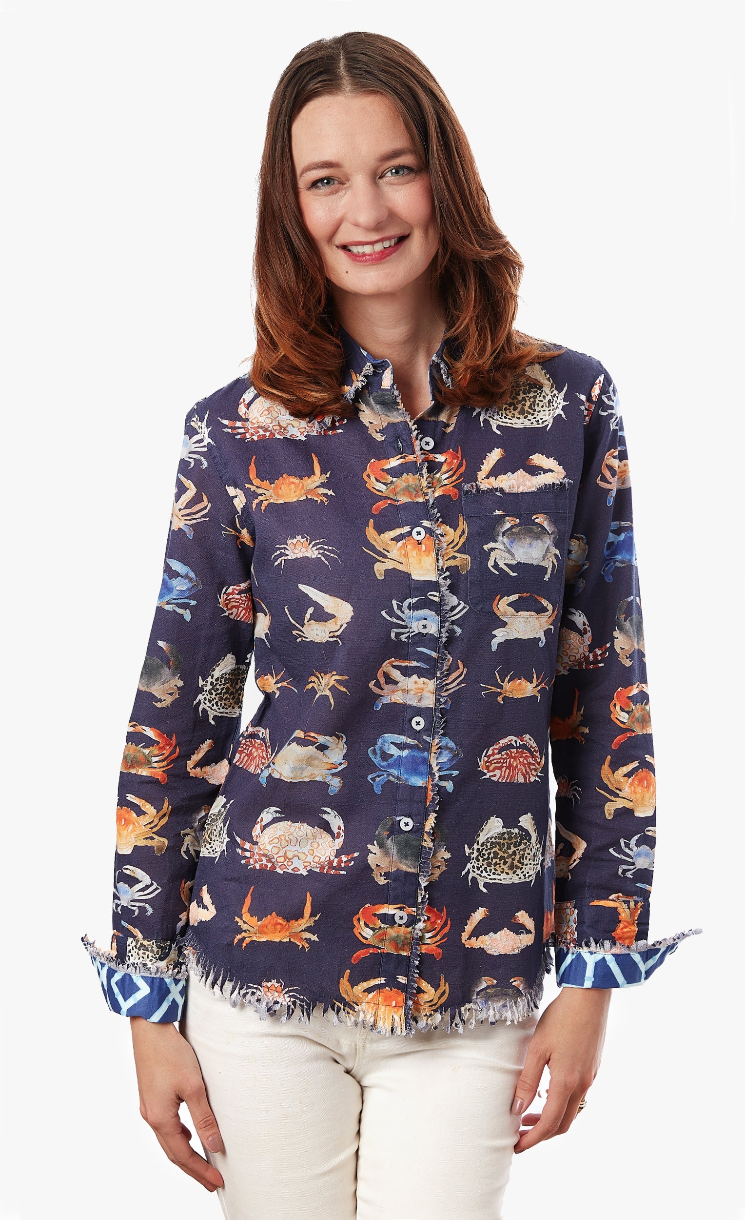 Dizzy-Lizzie Cape Cod Crab print shirt featuring a colorful crab design on lightweight fabric.