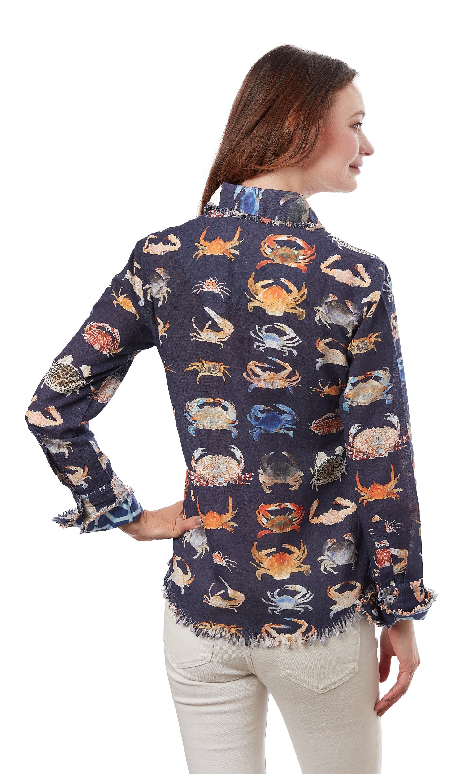 Dizzy-Lizzie Cape Cod Crab Print shirt featuring a colorful crab design on lightweight fabric