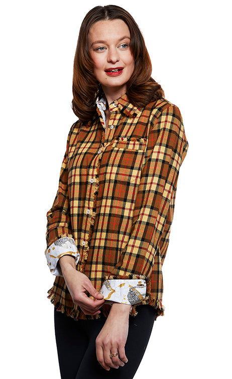 Dizzy-Lizzie Cape Cod Tunic shirt with fringe bottom, yarn-dyed flannel plaid, long-sleeve, casual layered top.