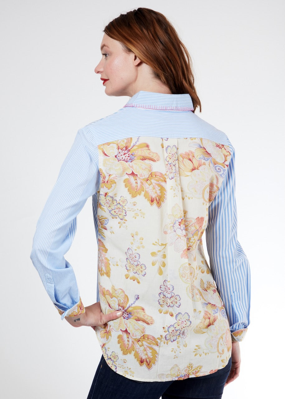 Dizzy-Lizzie Madison shirt featuring antique floral print on the back, lightweight casual shirt for women.