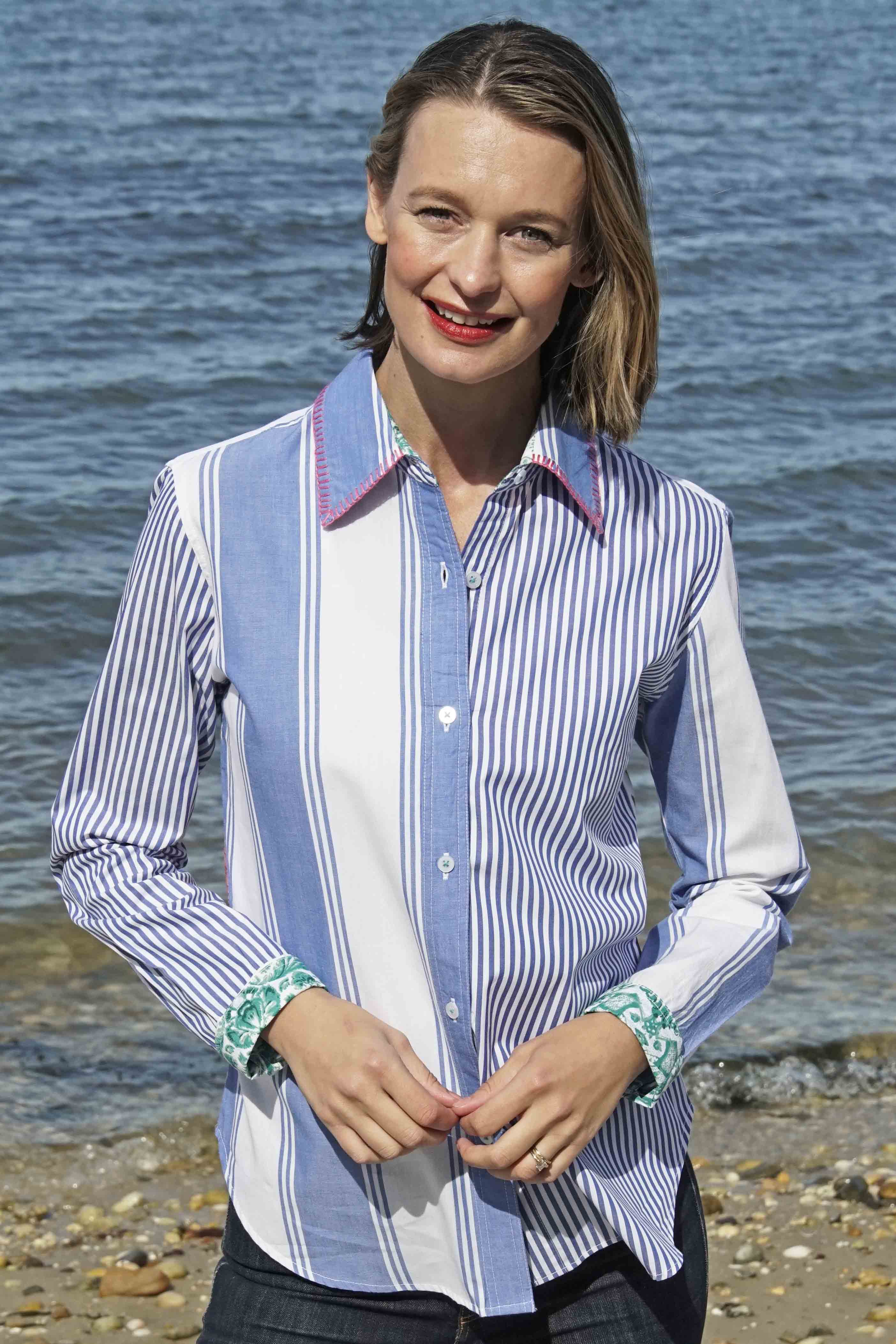 Dizzy-Lizzie Madison striped and floral shirt with whipstitch collar, featuring vibrant pattern and casual fit.