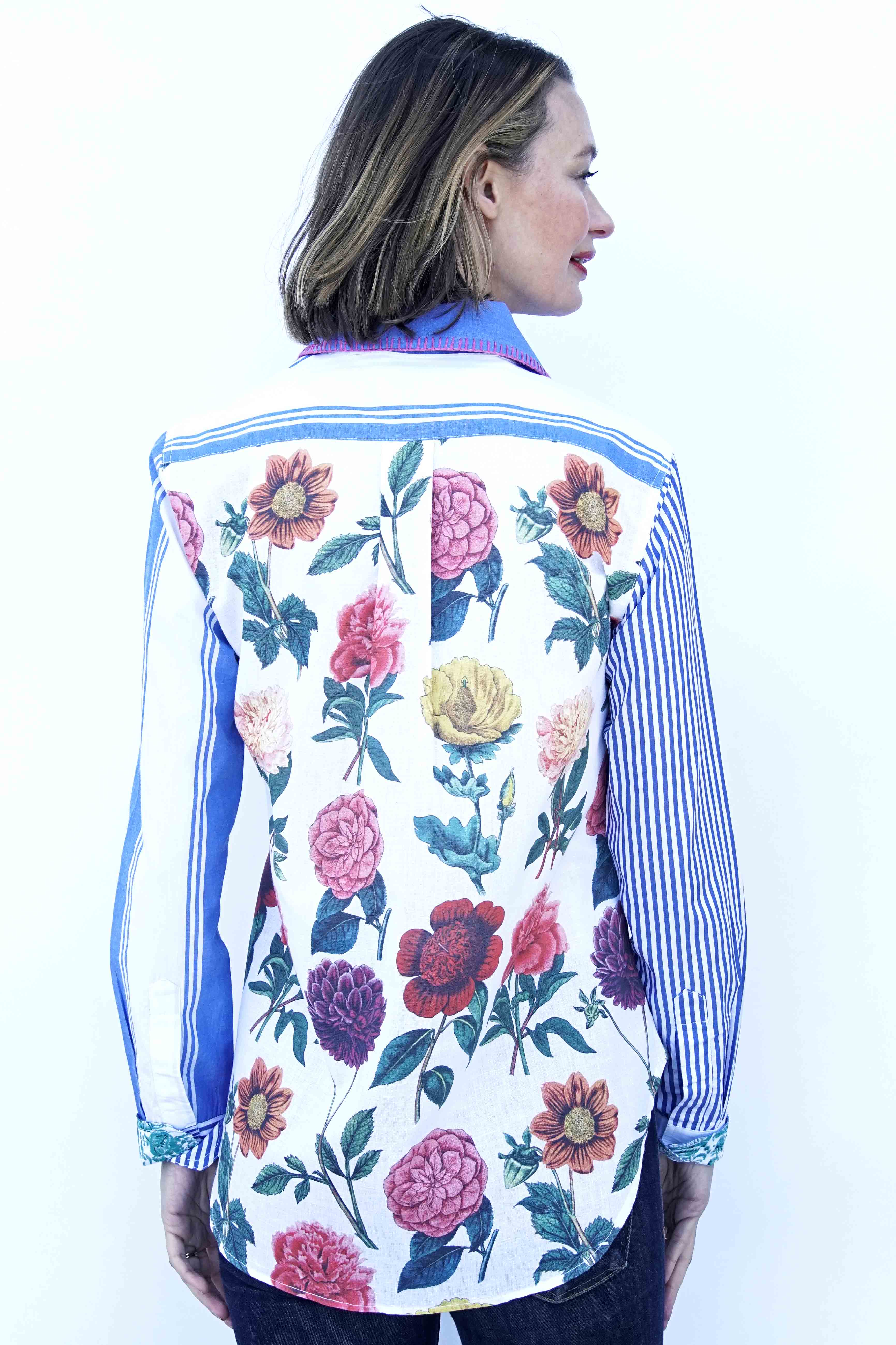 Dizzy-Lizzie Madison top shirt with stripes, floral pattern, and whipstitch detail at collar, lightweight and stylish for casual wear.