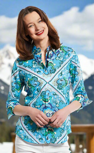 Dizzy-Lizzie Rome 3/4 Sleeve 70s Print Shirt with vibrant vintage floral pattern and relaxed fit.