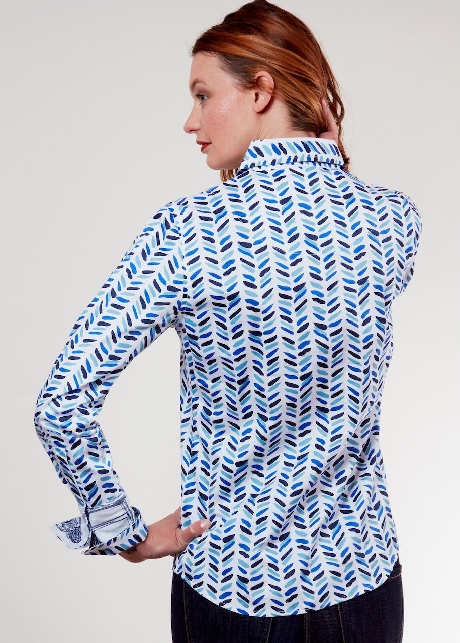 Dizzy-Lizzie Rome Shirt in blue with a cross hatch design, featuring long sleeves and a casual fit.