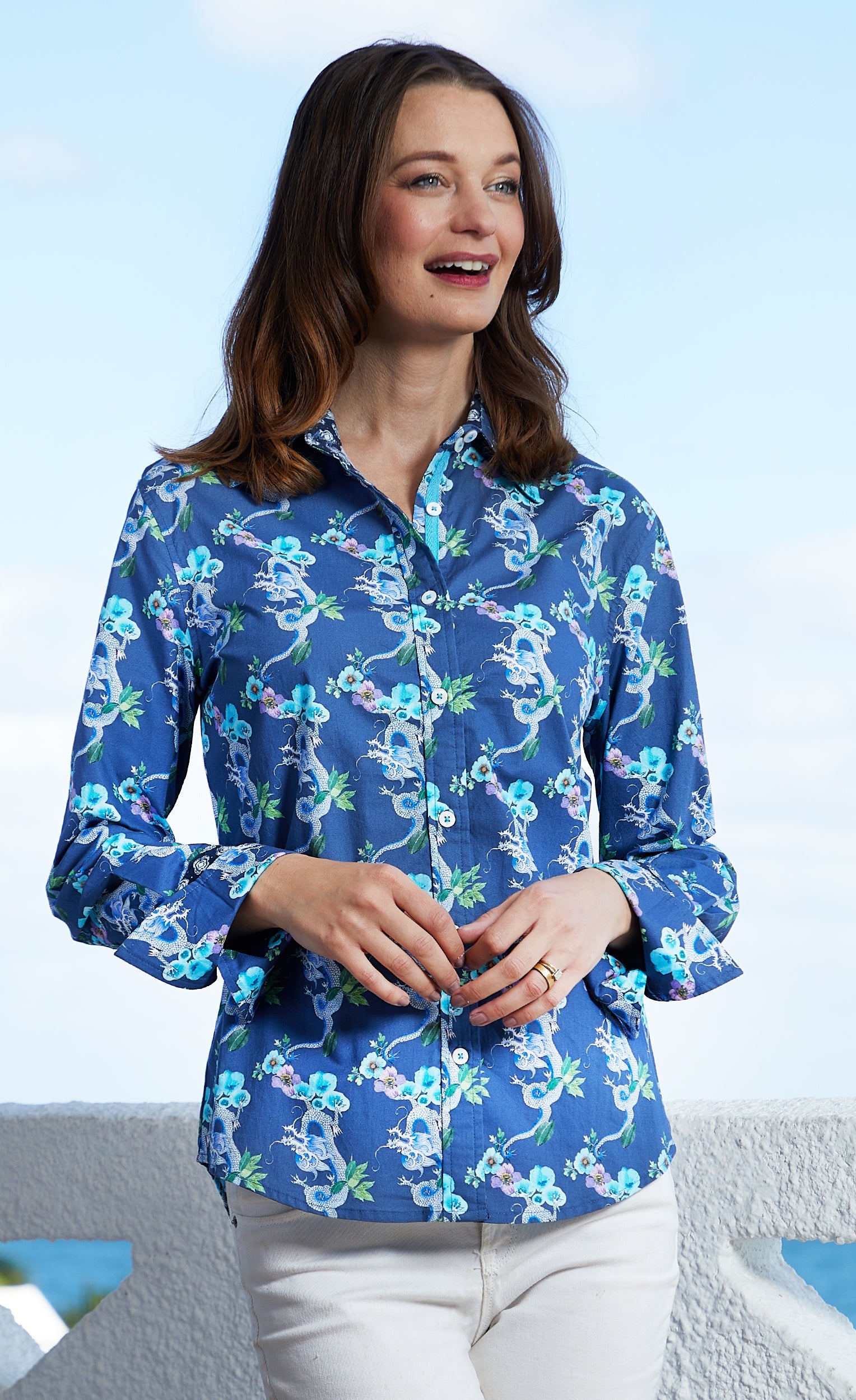 Dizzy-Lizzie Rome Shirt in navy ground with dragon print, stylish casual shirt for men or women, detailed fabric design.