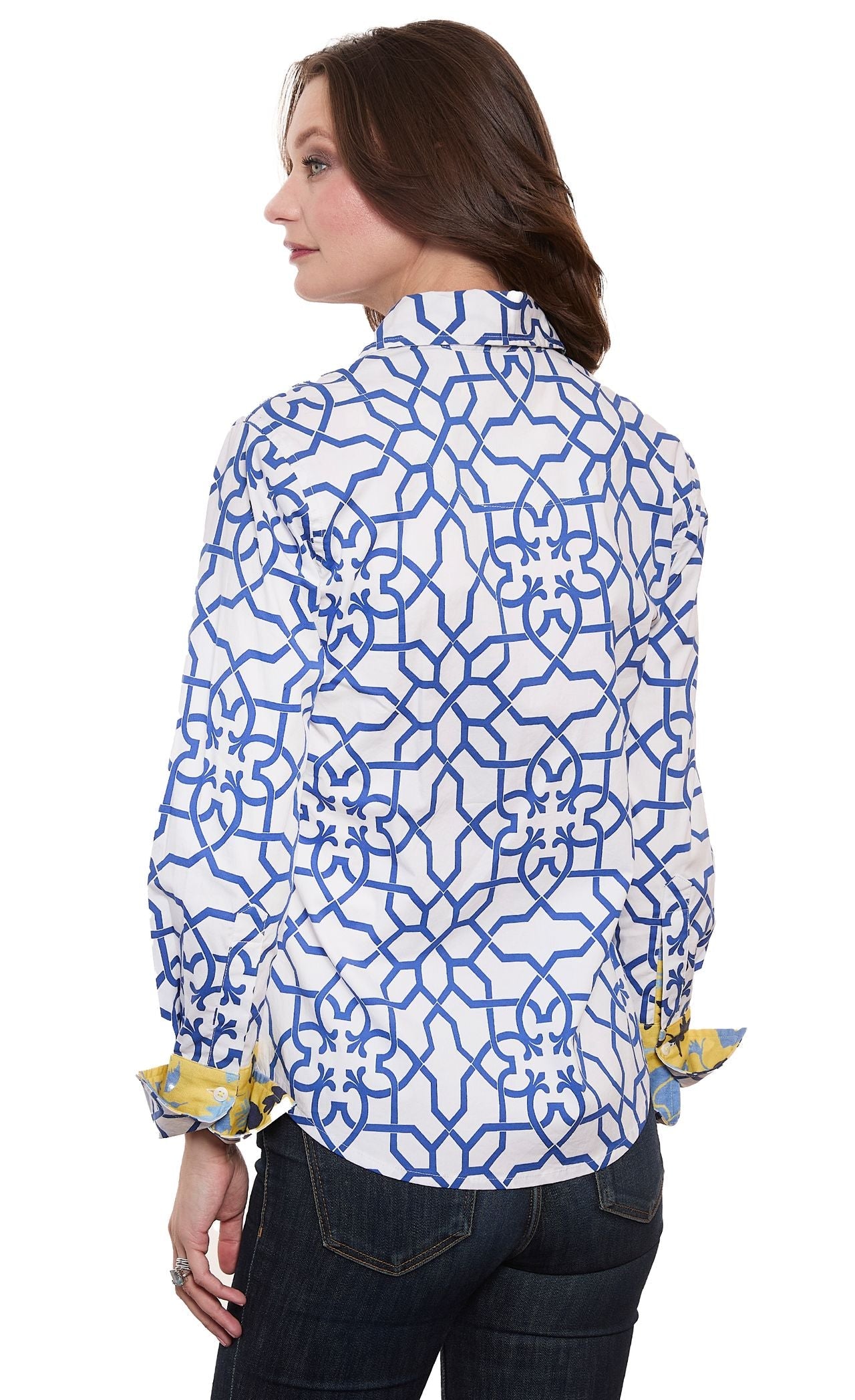Dizzy-Lizzie Rome navy and white geo print cotton sateen shirt with stretch, featuring a stylish and comfortable fit.