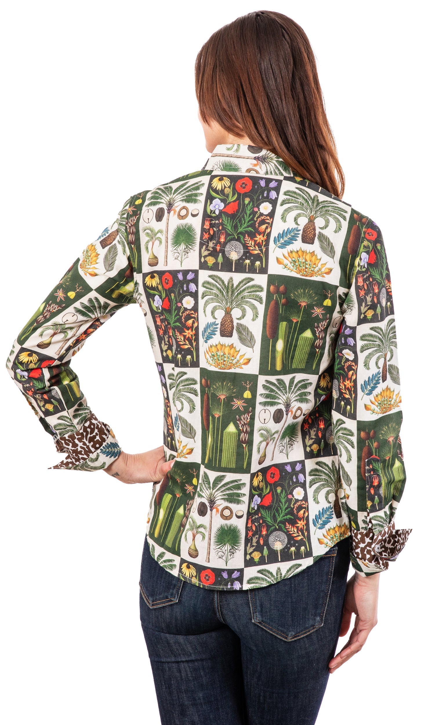 Dizzy-Lizzie Rome shirt featuring patchwork botanical design with colorful floral and leaf patterns on a casual shirt.
