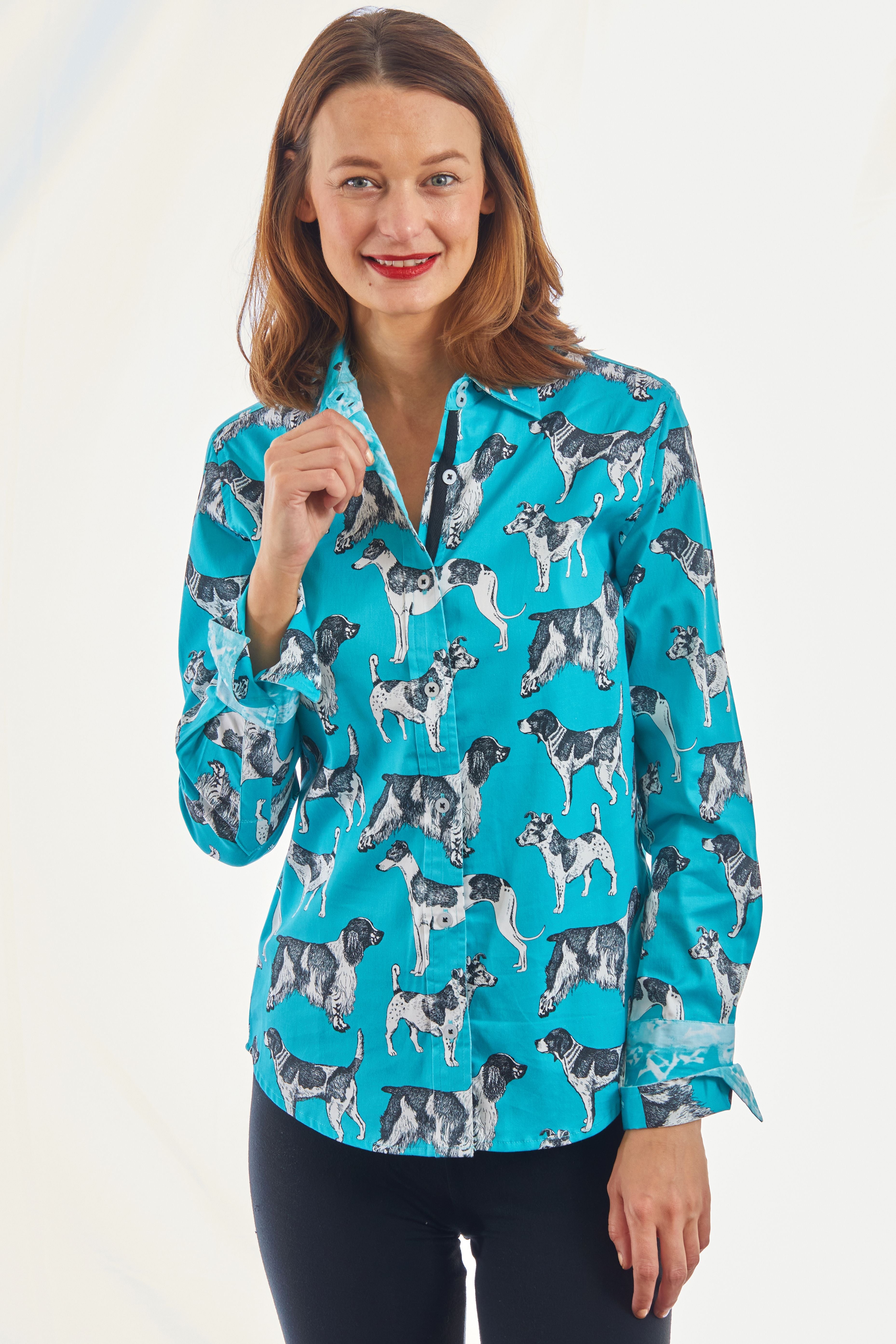 Turquoise Rome shirt by Dizzy-Lizzie featuring a ground black and white pooches pattern on lightweight fabric.