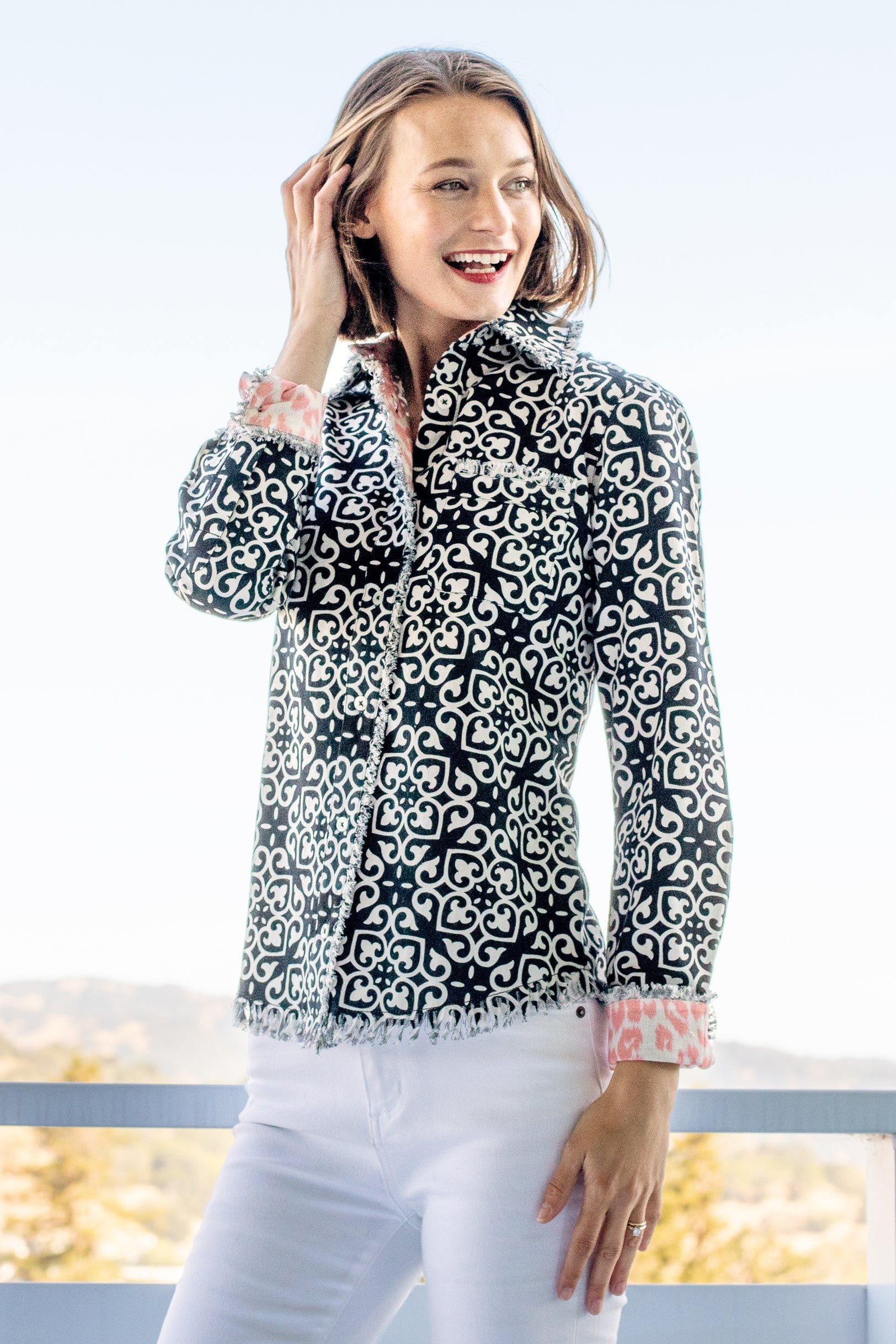 Dizzy-Lizzie Cape Cod shirt with black and white geometric print, lightweight casual shirt for women, front view.