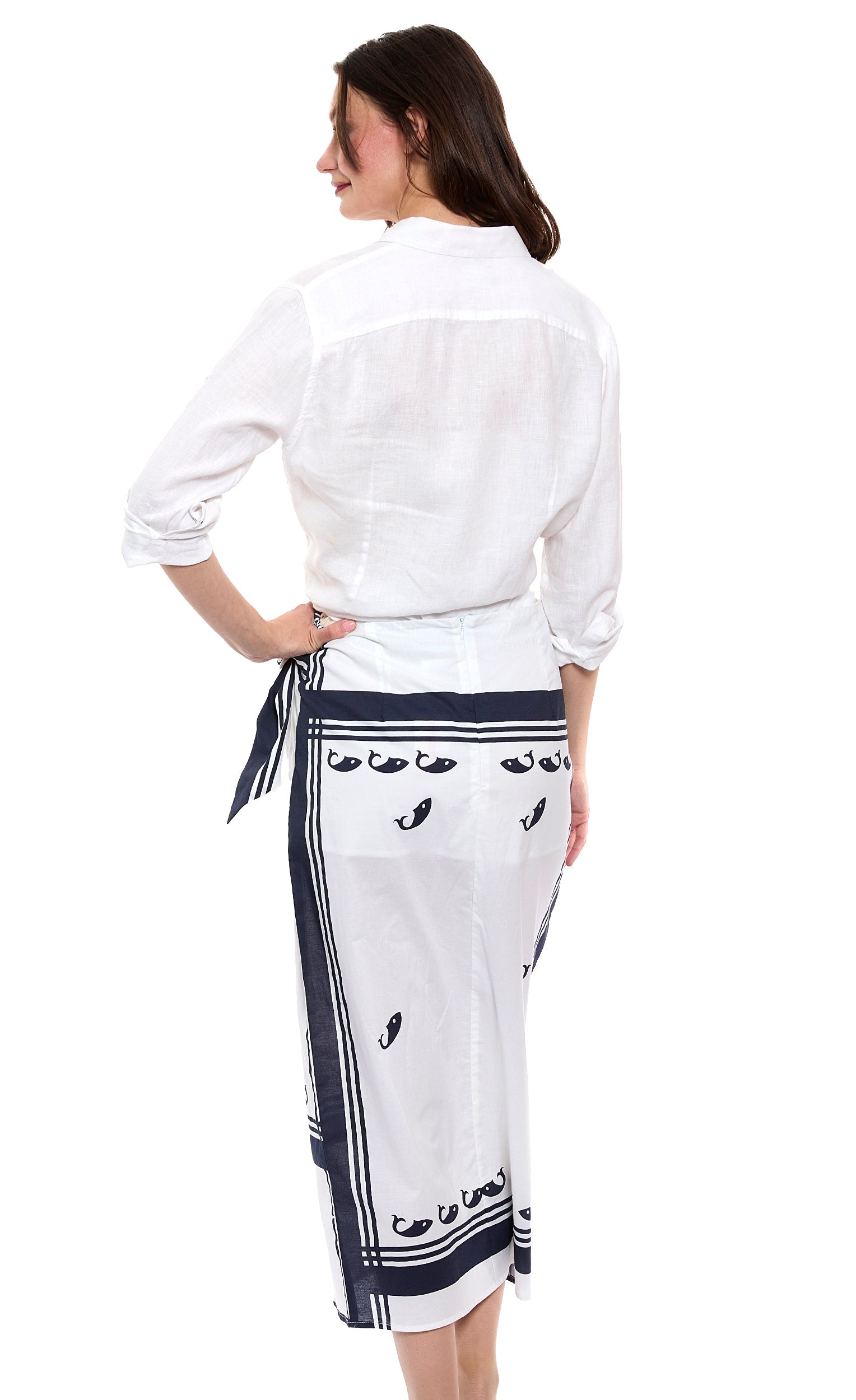 Dizzy-Lizzie whale print sarong skirt with lightweight fabric, featuring a vibrant ocean-inspired whale design and casual style.