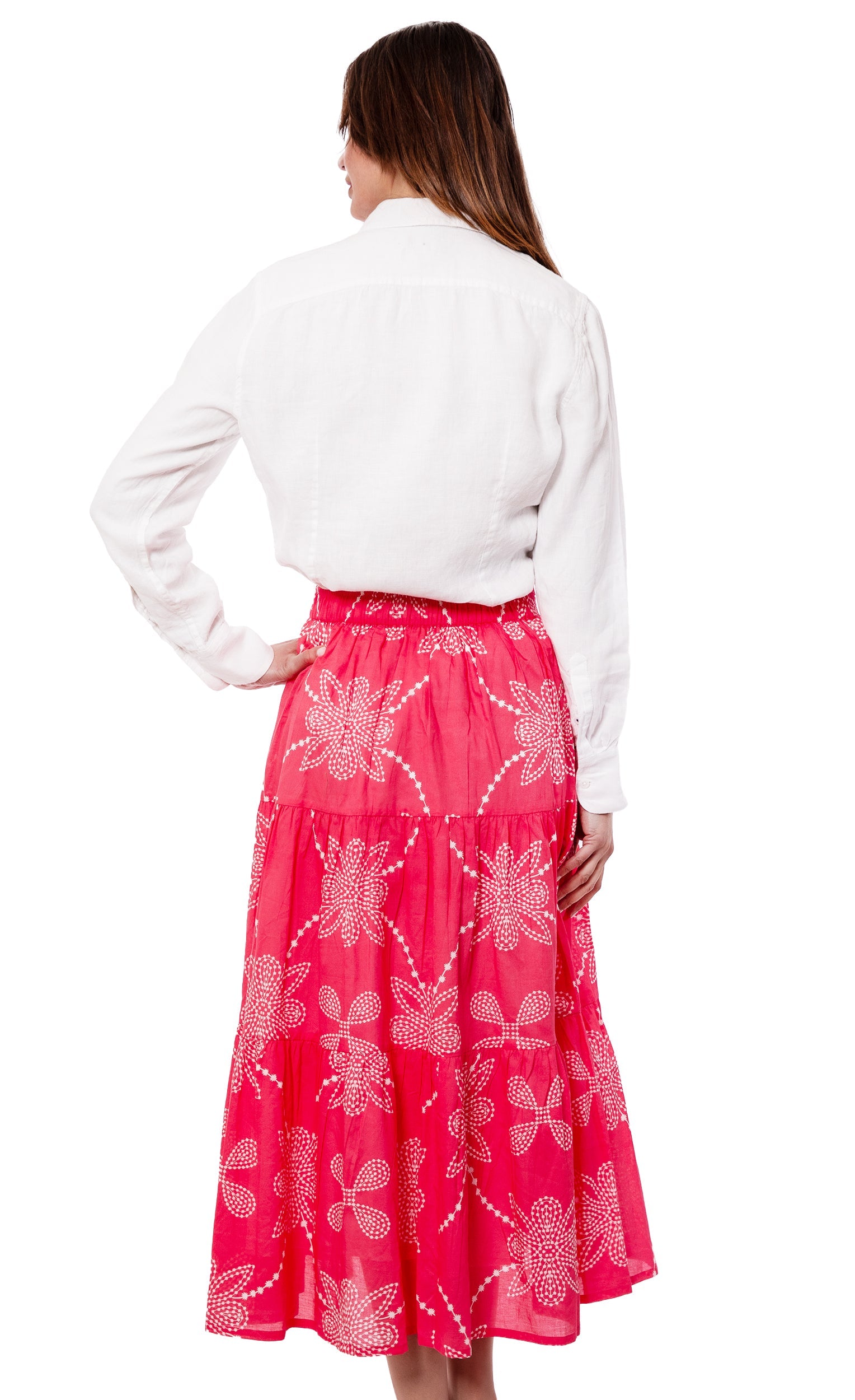 Dizzy-Lizzie Woodstock pink and white printed skirt with flowy fabric and feminine design, perfect for casual or semi-formal wear.