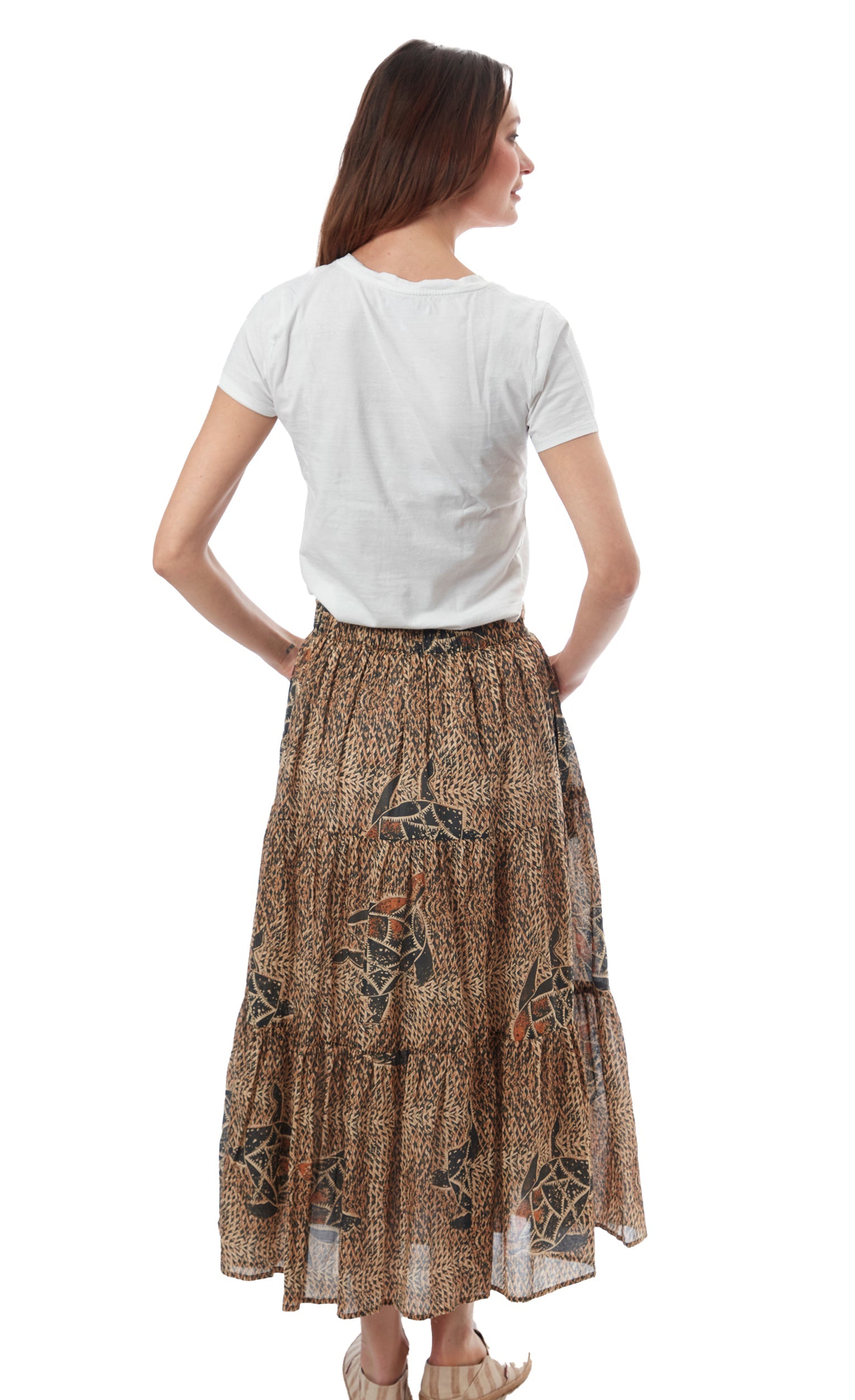 Dizzy-Lizzie Woodstock Skirt Turtles featuring a colorful turtle print, flowy fabric, and a comfortable waistband.