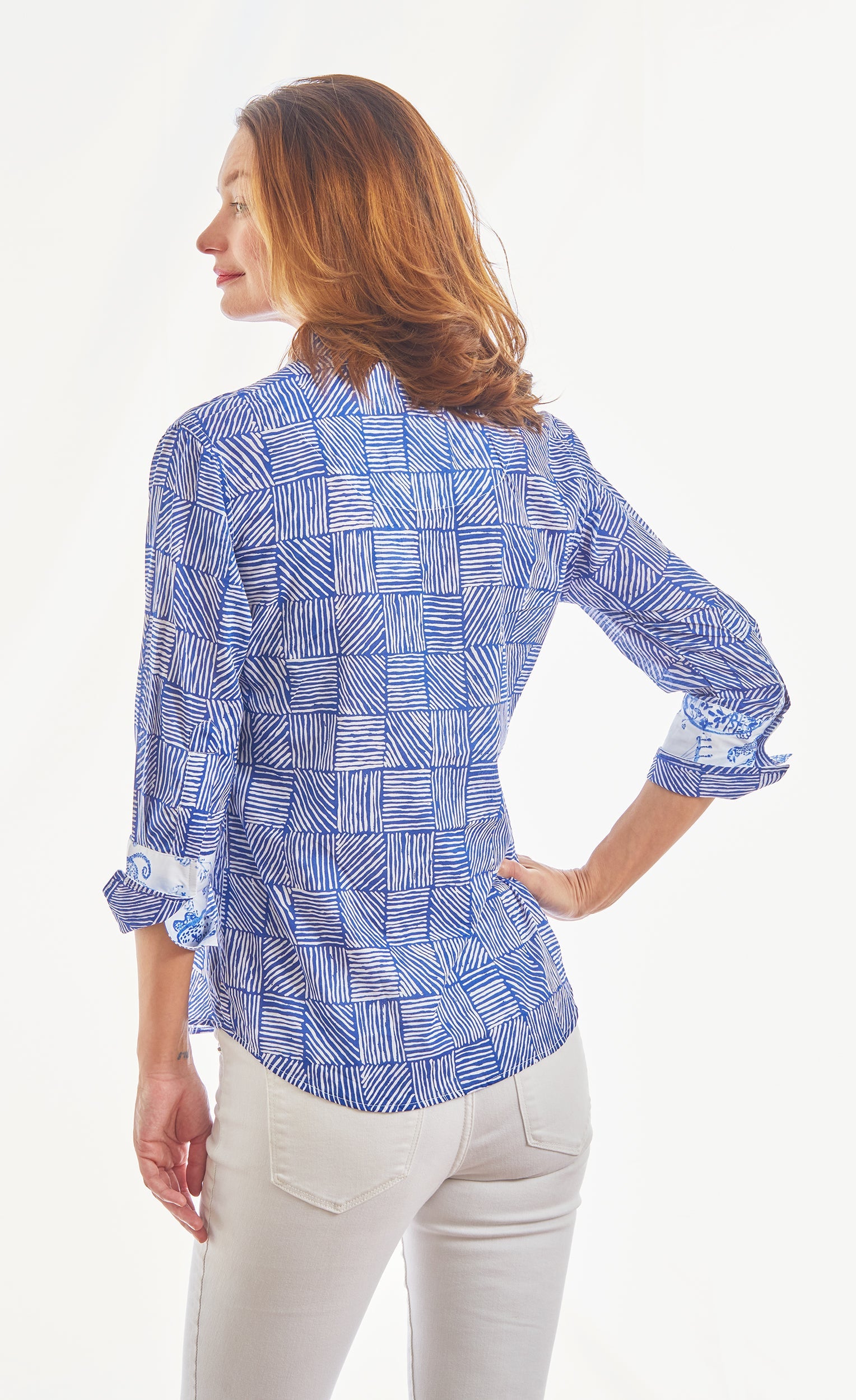 Dizzy-Lizzie 3/4 sleeve Rome Navy White criss-cross boxes top, featuring a stylish pattern and comfortable fit.