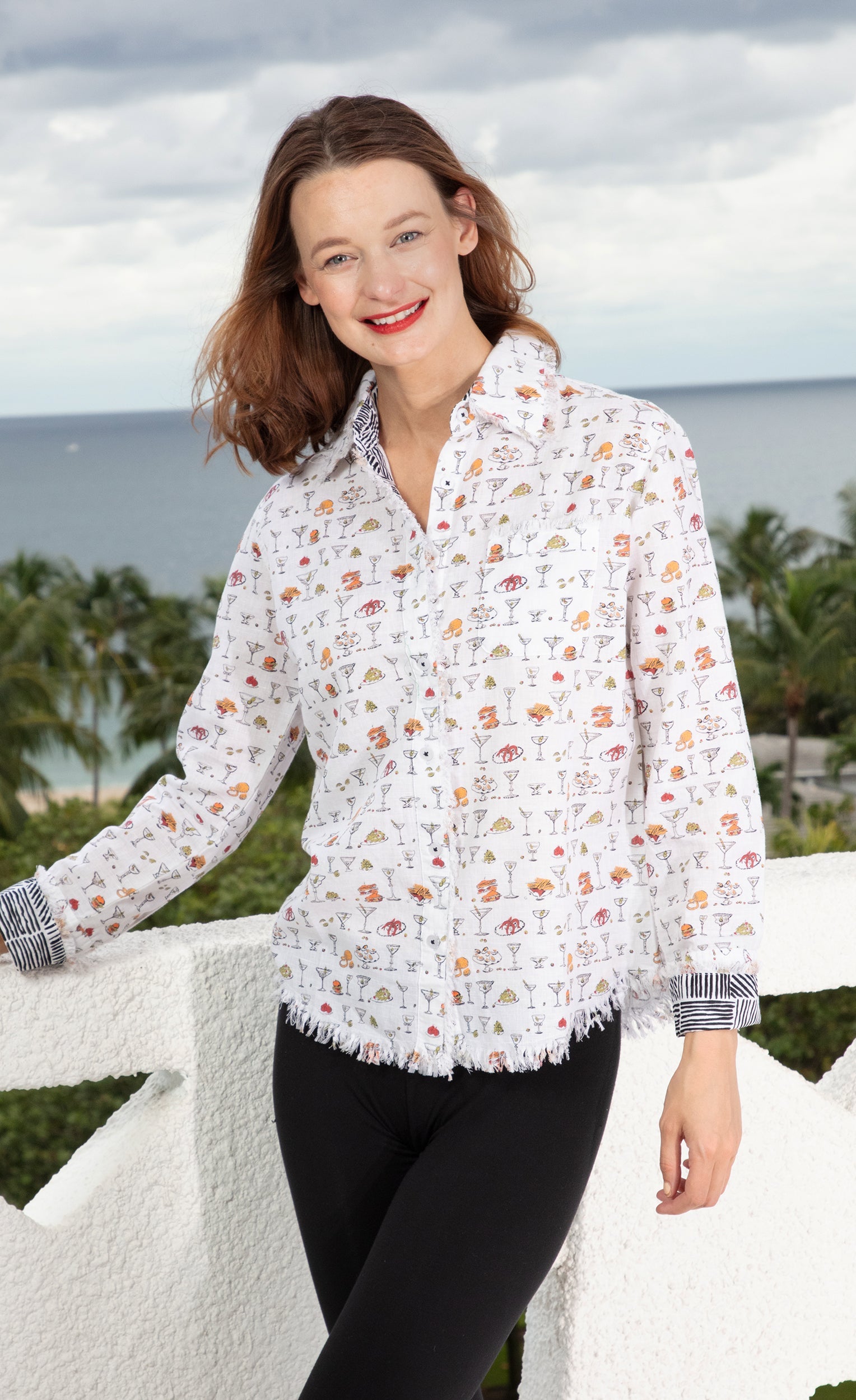 Dizzy-Lizzie Cape Cod Top featuring Little Martinis and Snacks print, casual sleeveless shirt for women.