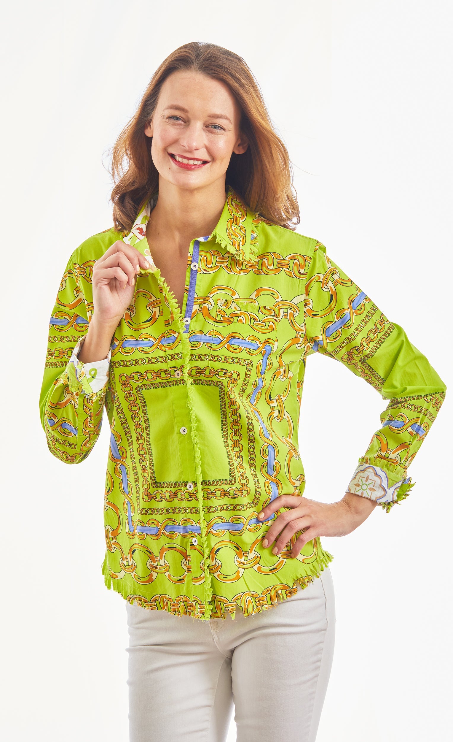 Dizzy-Lizzie Cape Cod Acid Green and Navy Links cotton stretch top, featuring a colorful, fitted design with a round neckline.