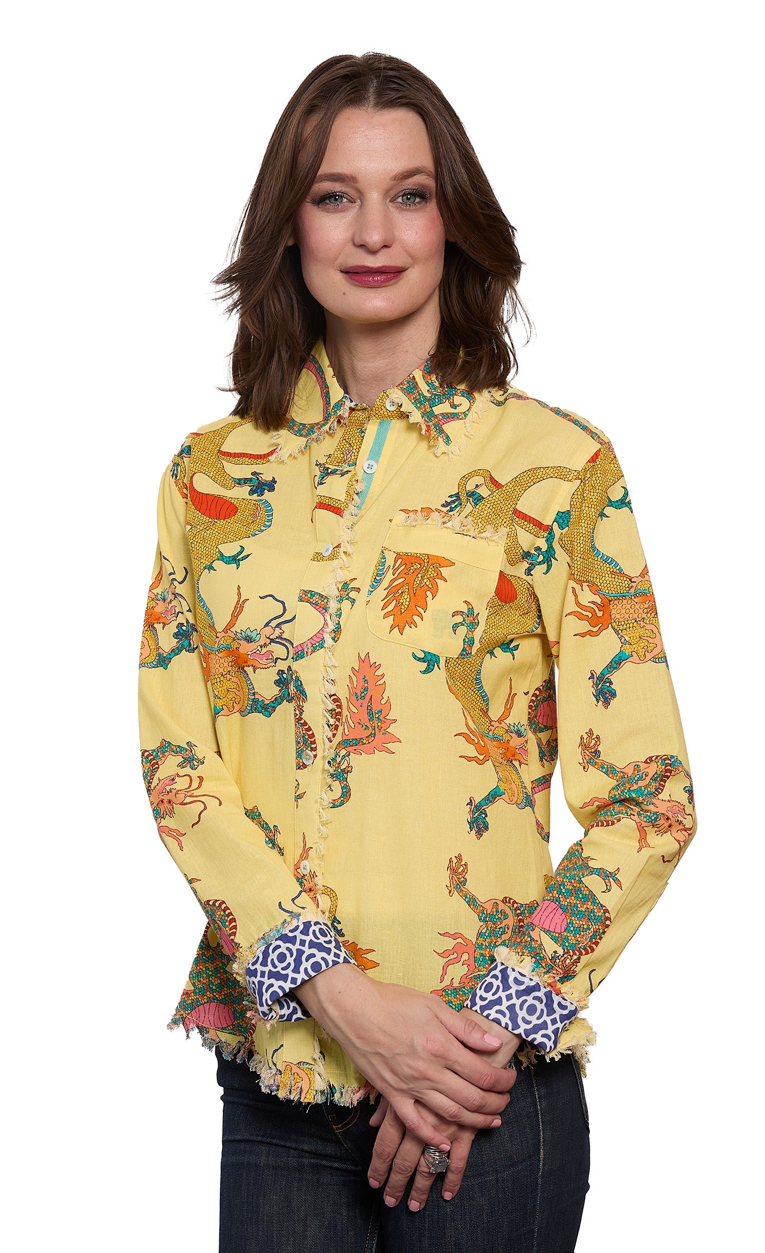 Butter yellow cotton linen top with a colorful dragon print by Dizzy-Lizzie, featuring a relaxed, stylish design.