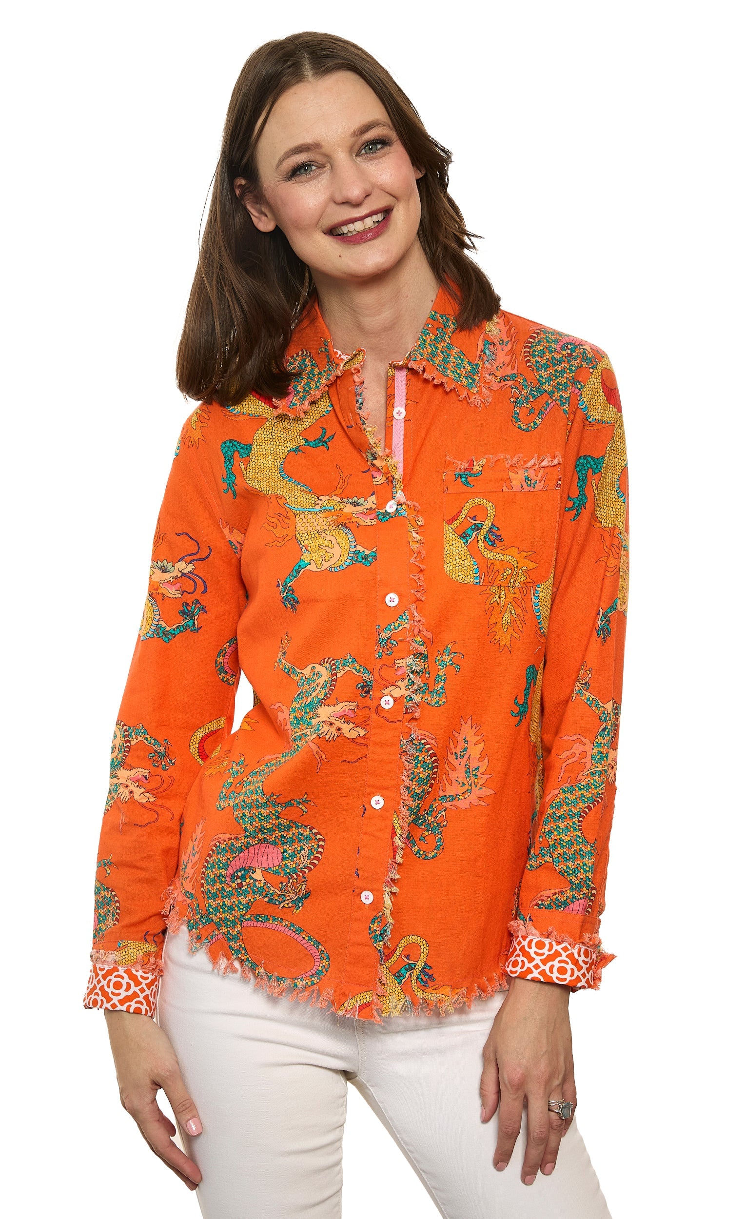 Orange Dragon print cotton linen top by Dizzy-Lizzie, featuring a stylish design and relaxed fit.