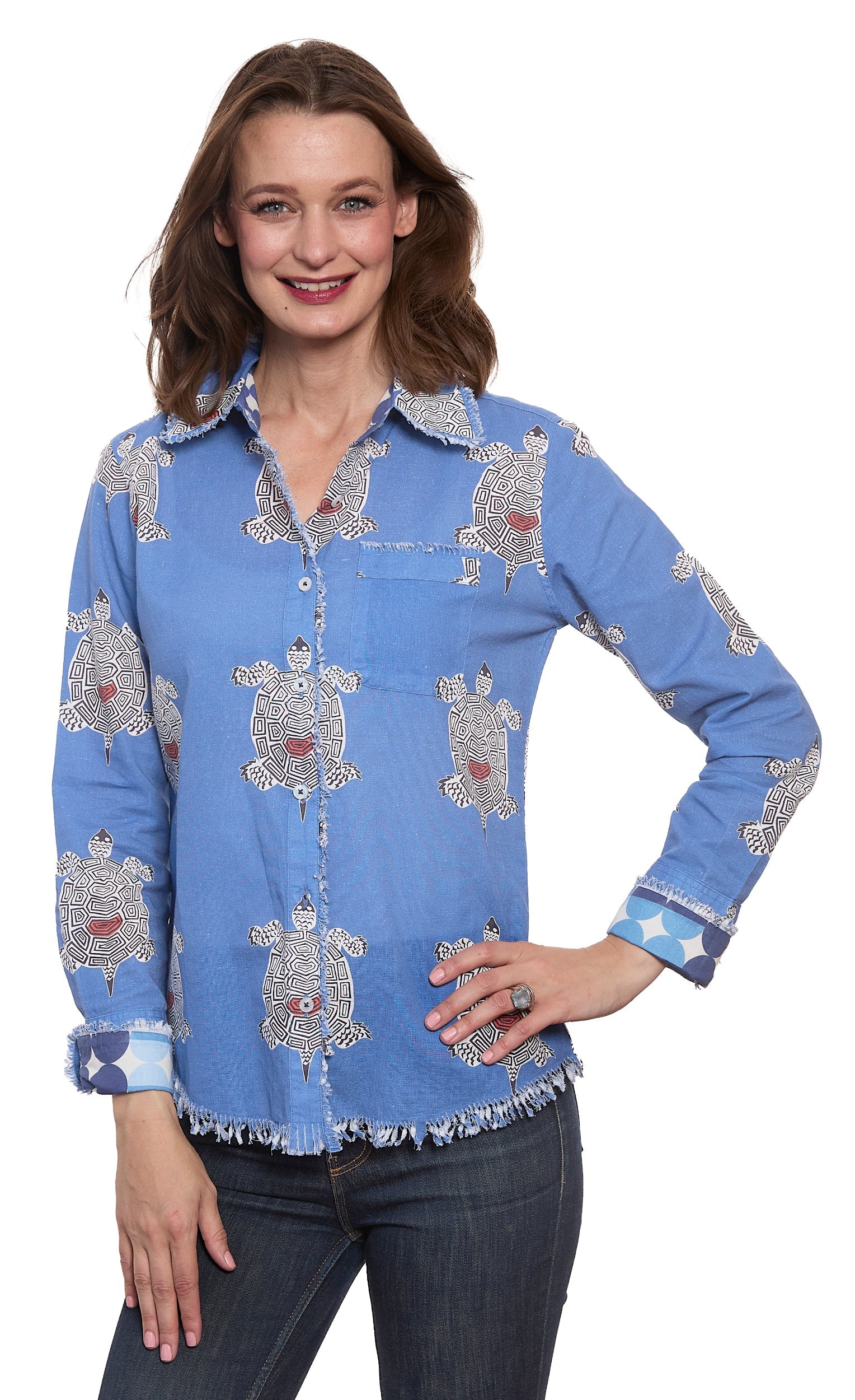 Dizzy-Lizzie Cape Cod Top with colorful turtle print, lightweight casual top for women, featuring vibrant ocean-themed design.