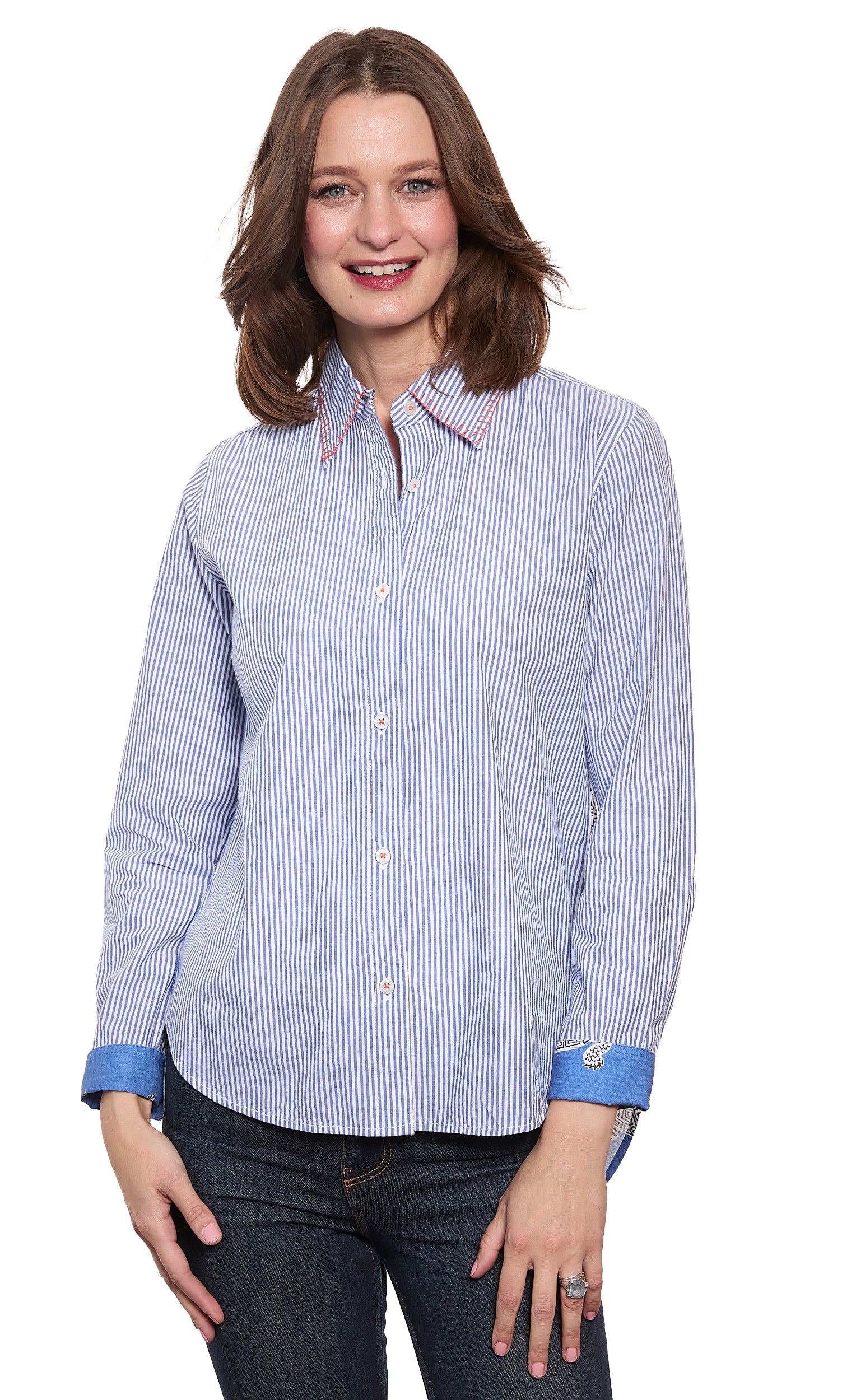 Dizzy-Lizzie Chesapeake top with turtle back panel, lightweight fabric, and casual fit, shown in a close-up on a neutral background.