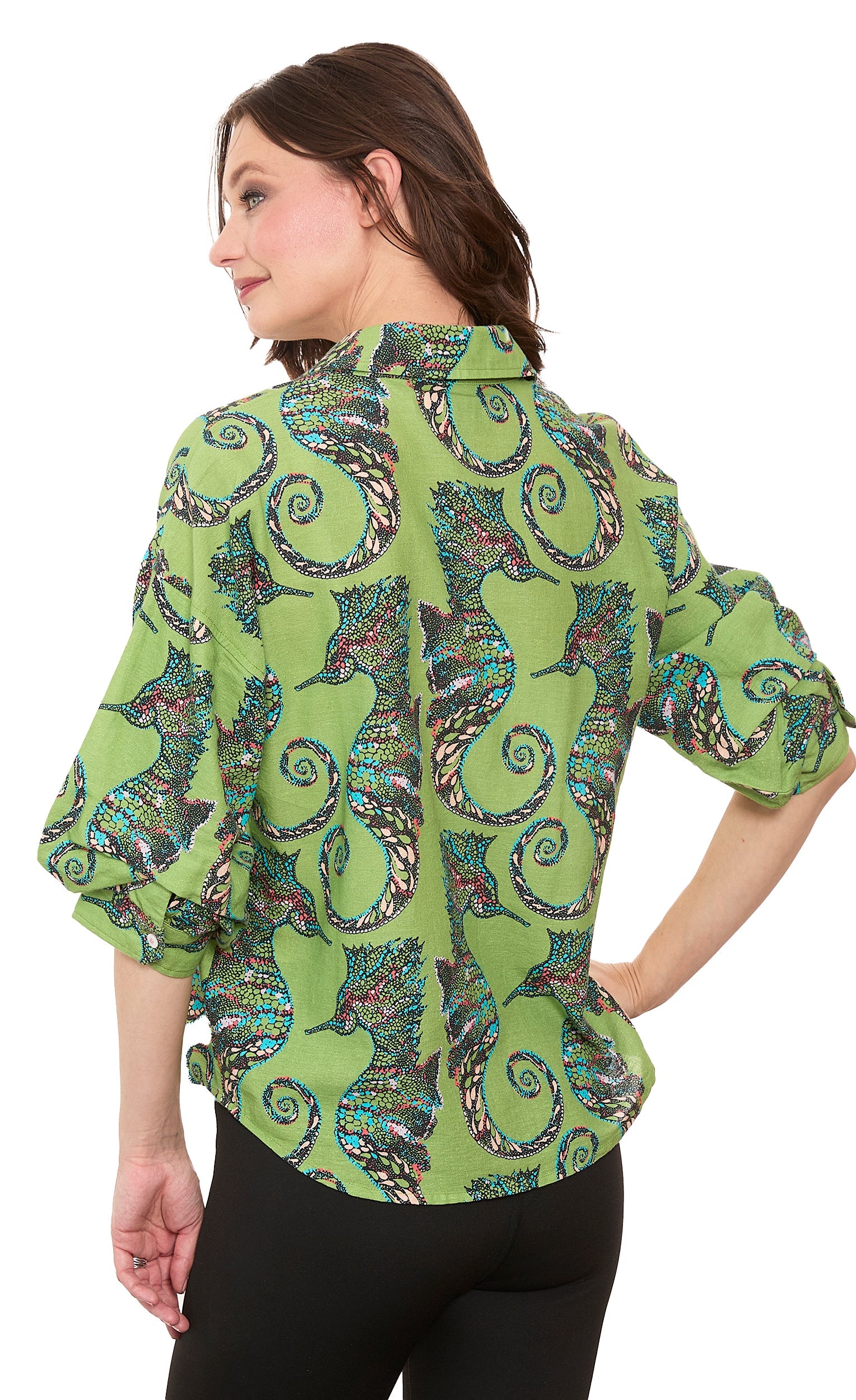 Dizzy-Lizzie Milano puff sleeve top with seahorse print, lightweight fabric, and stylish design perfect for casual wear.