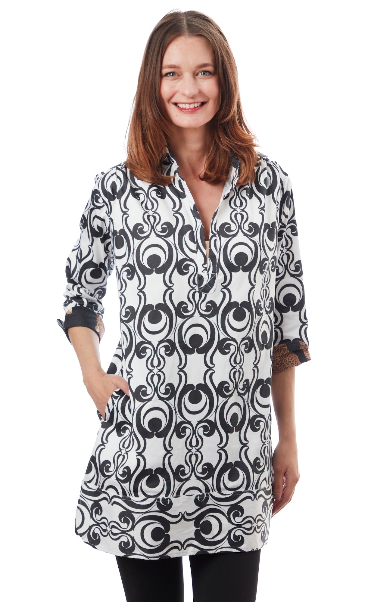 Black and white geometric Vail Tunic by Dizzy-Lizzie, featuring a stylish, contemporary design with long sleeves and a relaxed fit.