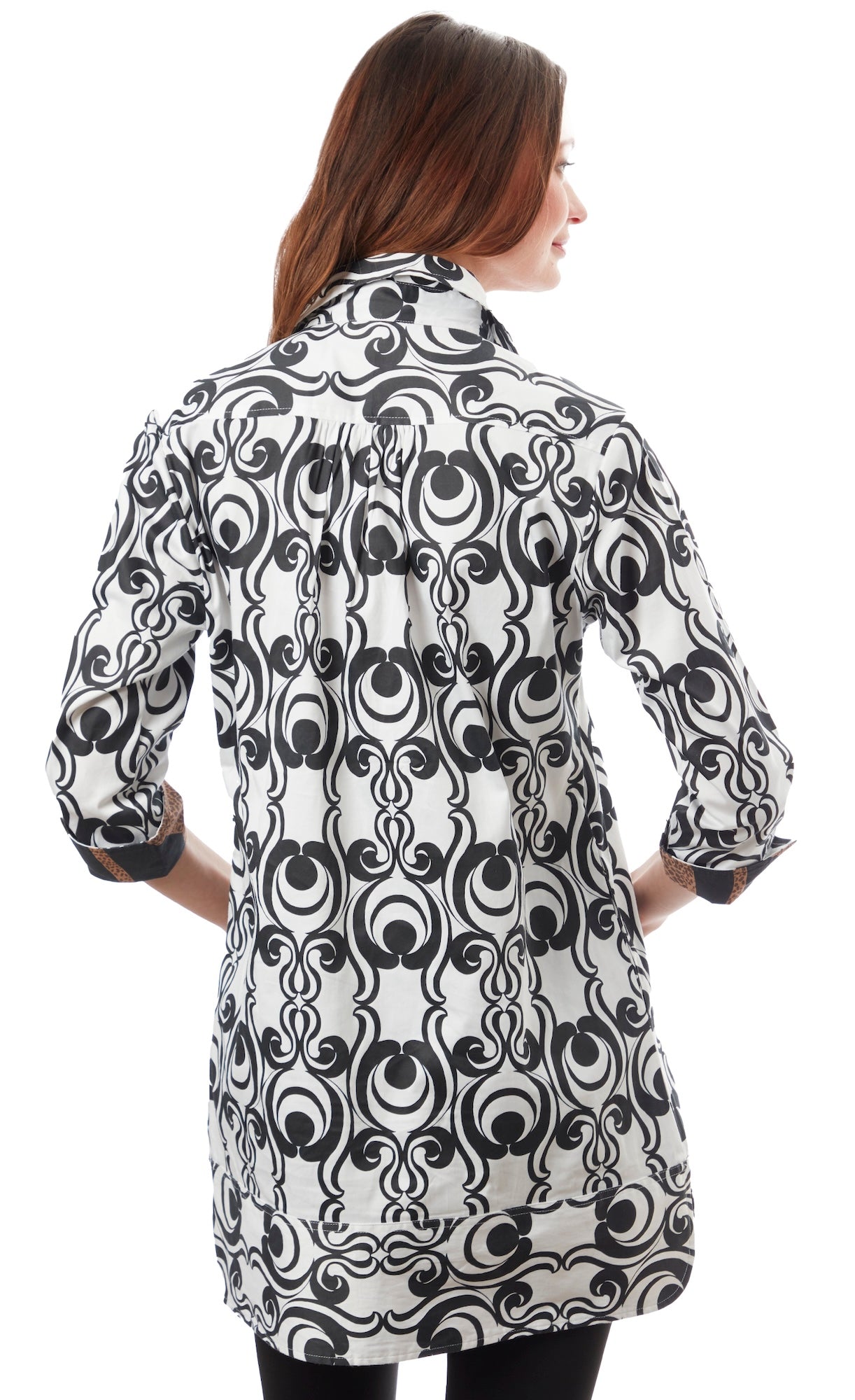 Black and white geometric Vail Tunic by Dizzy-Lizzie, featuring a stylish, comfortable design with long sleeves and a relaxed fit.