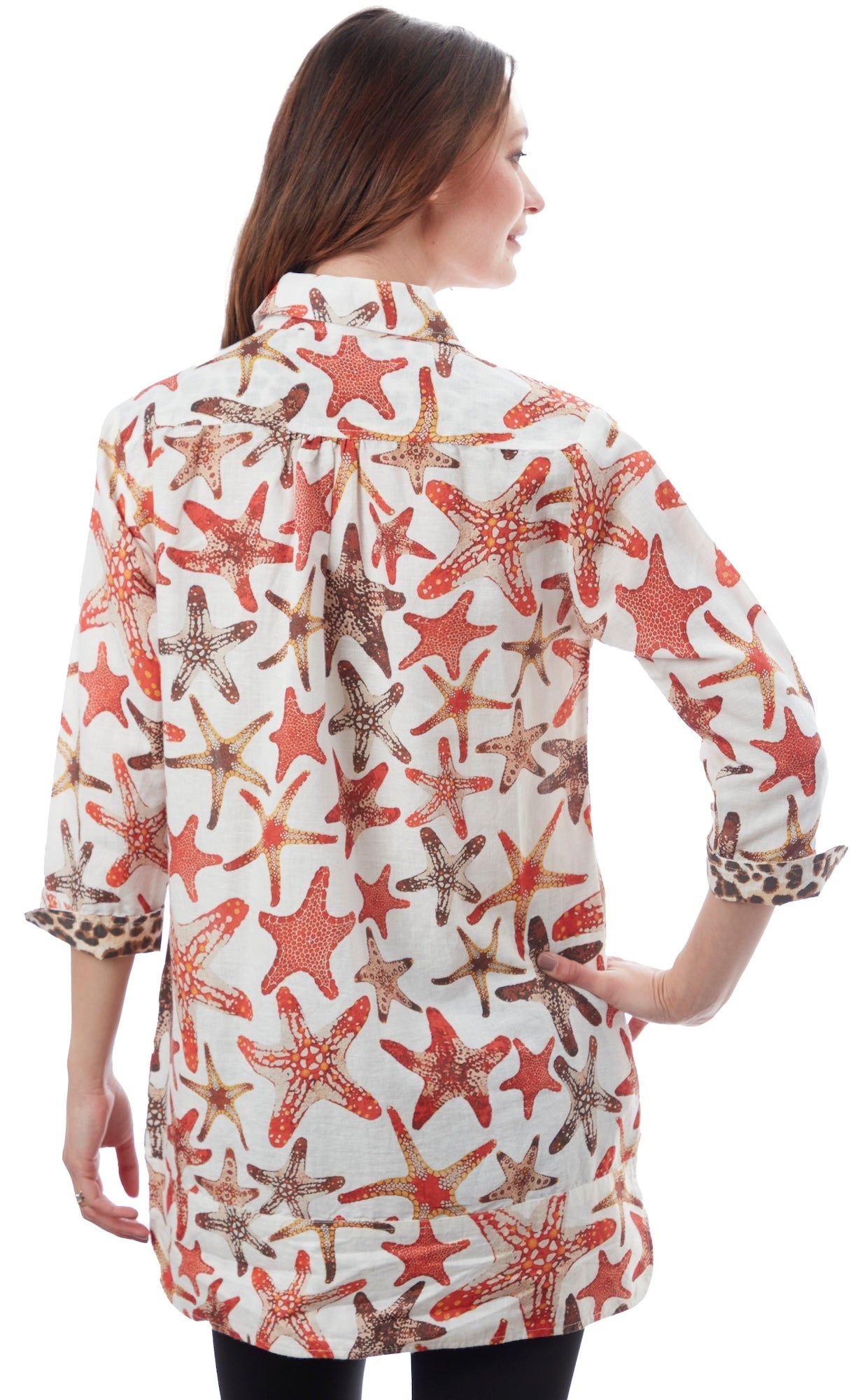 Dizzy-Lizzie Vail Tunic with starfish print, featuring lightweight fabric and relaxed fit, perfect for casual summer wear.