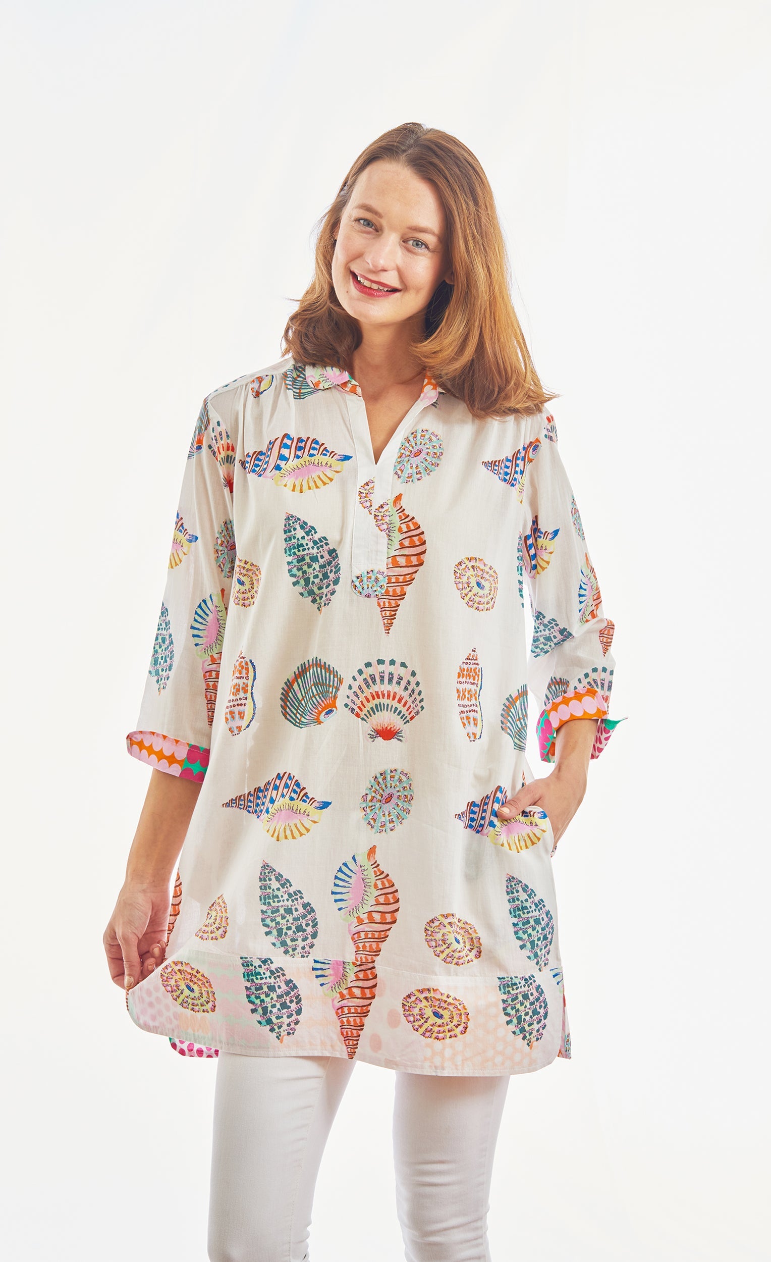 Dizzy-Lizzie Vail Tunic in multi-colored seashells pattern, lightweight voile fabric, casual boho style for women.