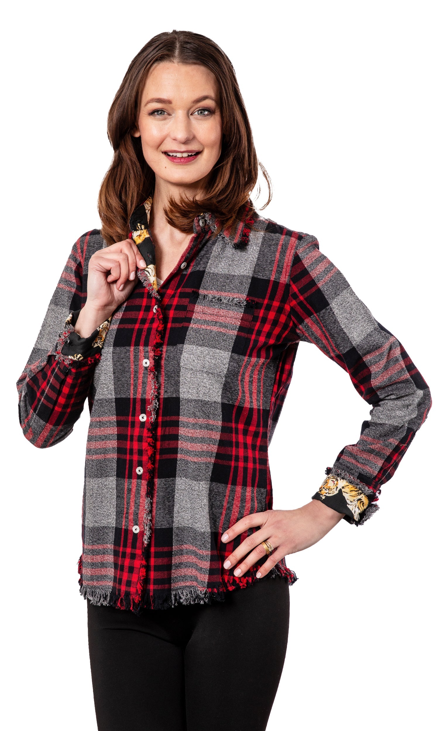 Gray and red flannel Cape Cod tunic by Dizzy-Lizzie, featuring a relaxed fit and soft fabric, displayed on a hanger.