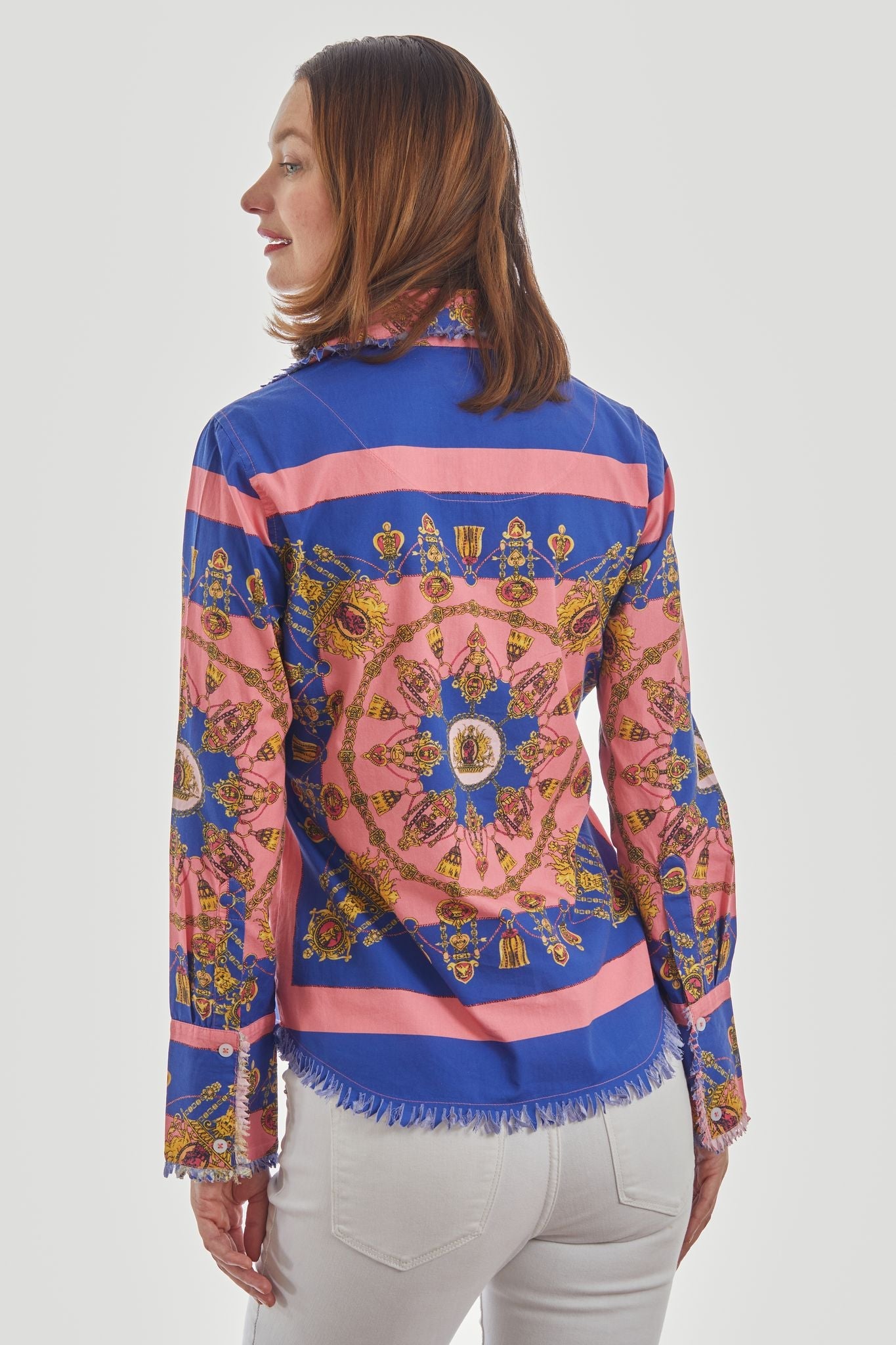 Navy and pink Cape Cod Tunic by Dizzy-Lizzie featuring gold accents, displayed on a hanger against a plain background.