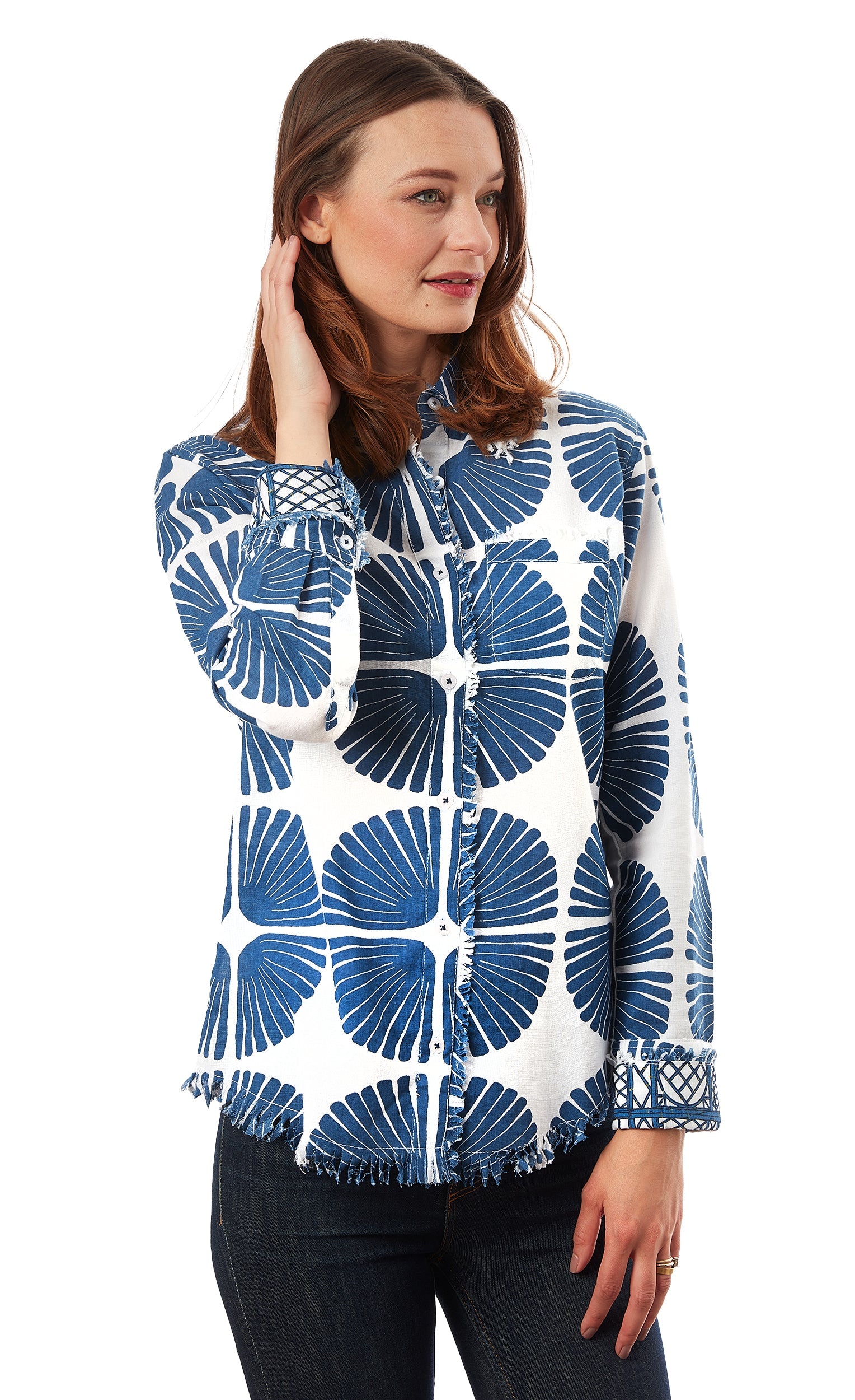 Navy and white palm frond print Cape Cod tunic by Dizzy-Lizzie, featuring lightweight fabric and relaxed fit.