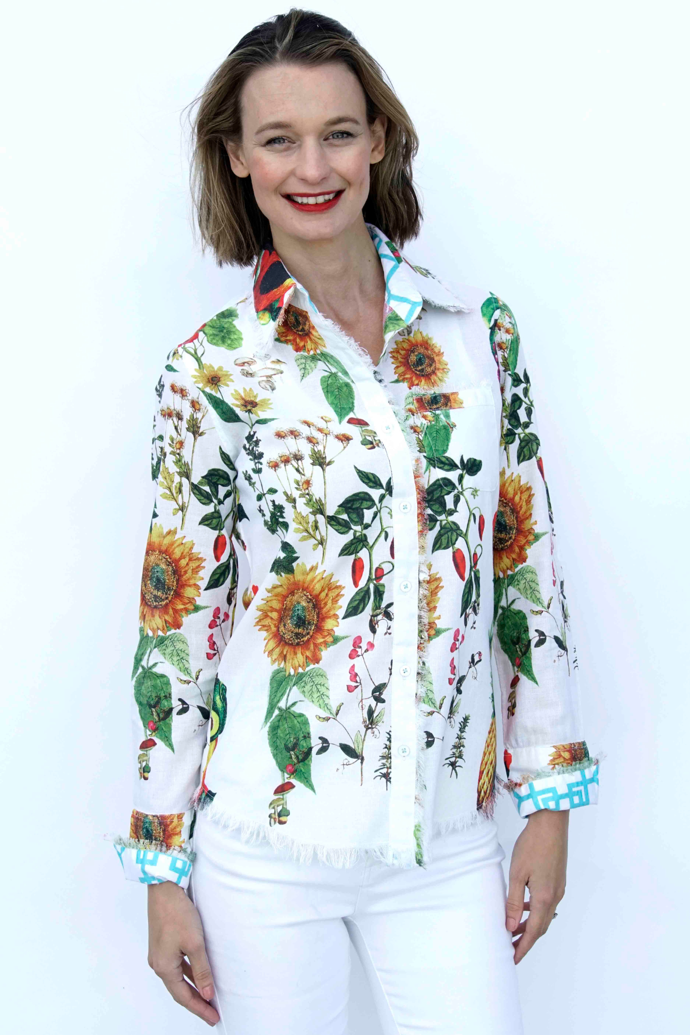 Dizzy-Lizzie Cape Cod Tunic with sunflower print, lightweight floral sleeveless top, perfect for casual summer wear.