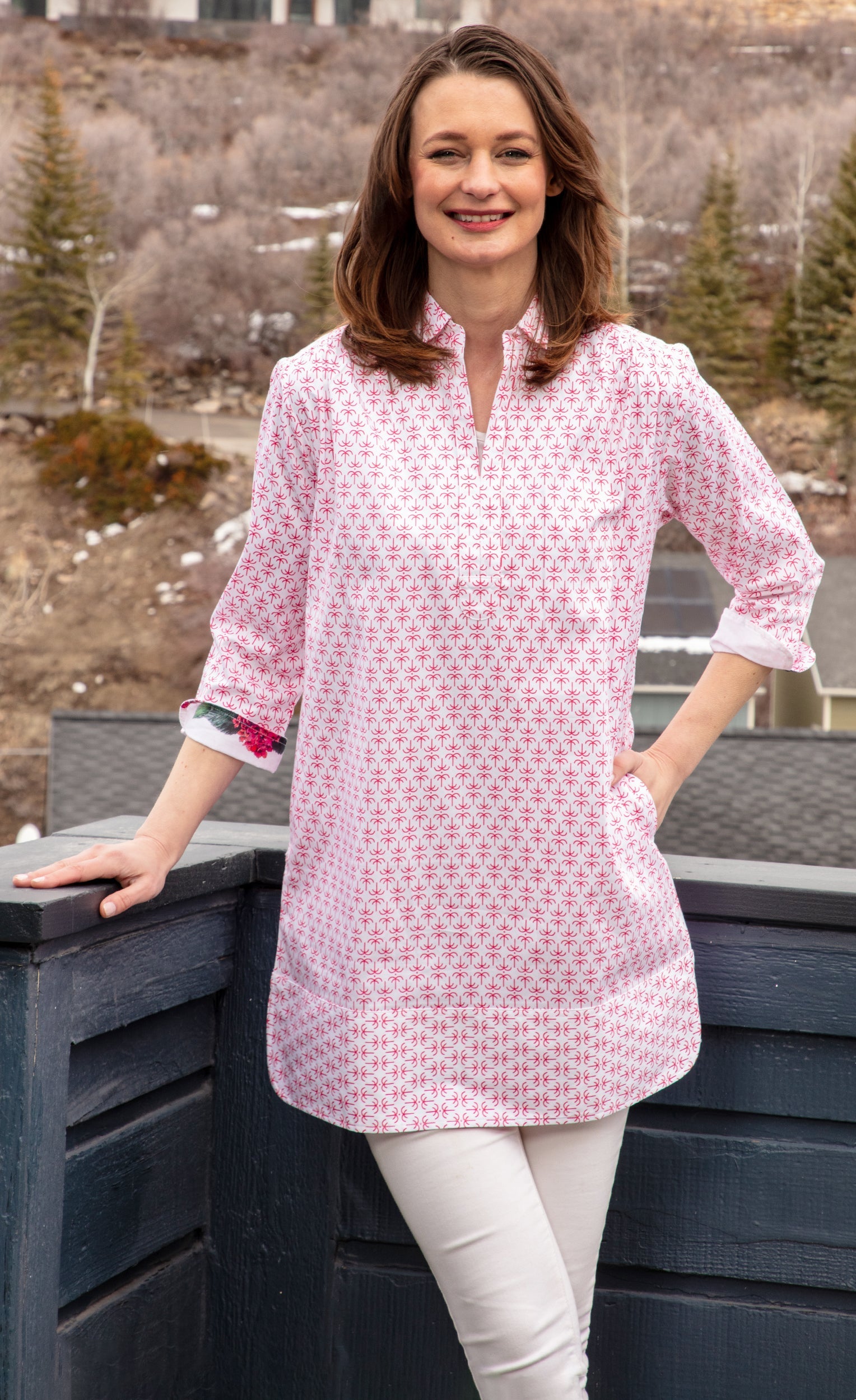 Pink palms print Vail tunic by Dizzy-Lizzie, lightweight mini tunic with vibrant tropical floral design, casual summer wear.