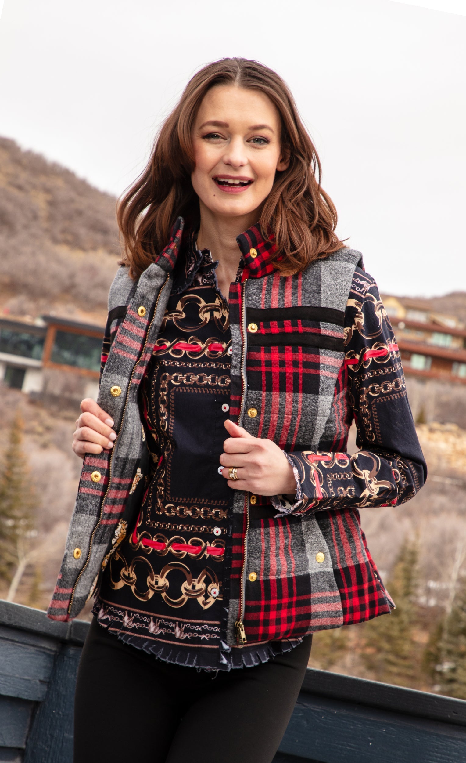 Grey plaid flannel vest by Dizzy-Lizzie featuring a classic rosey design, displayed on a neutral background.