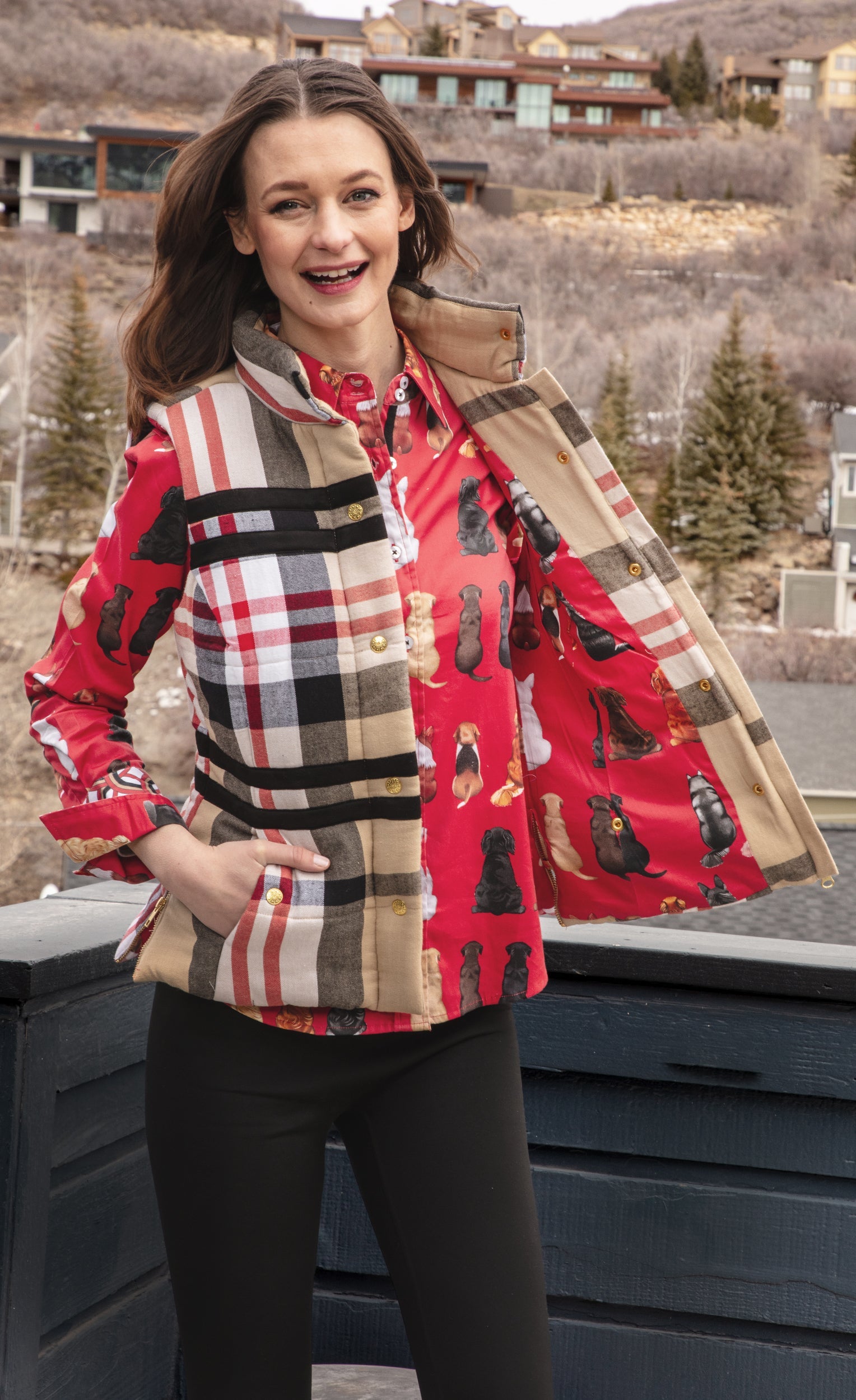 Dizzy-Lizzie Rosey Vest in khaki and red yarndyed flannel, featuring a cozy, stylish sleeveless design with button details.